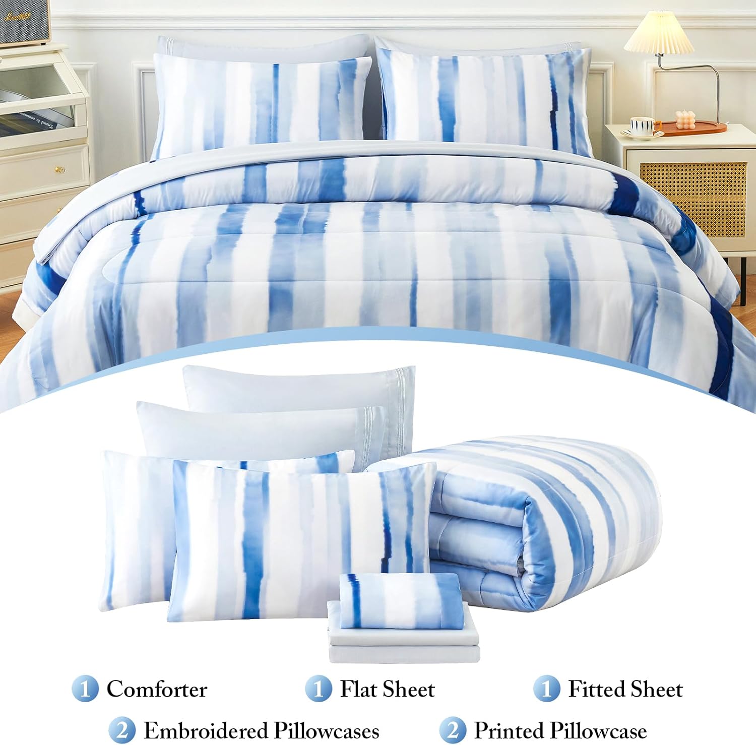 YIYEA Juego de edredón tamaño King  Estampado floral  7 piezas de cama en una bolsa  Juegos de ropa de cama para todas las estaciones con edredón,
