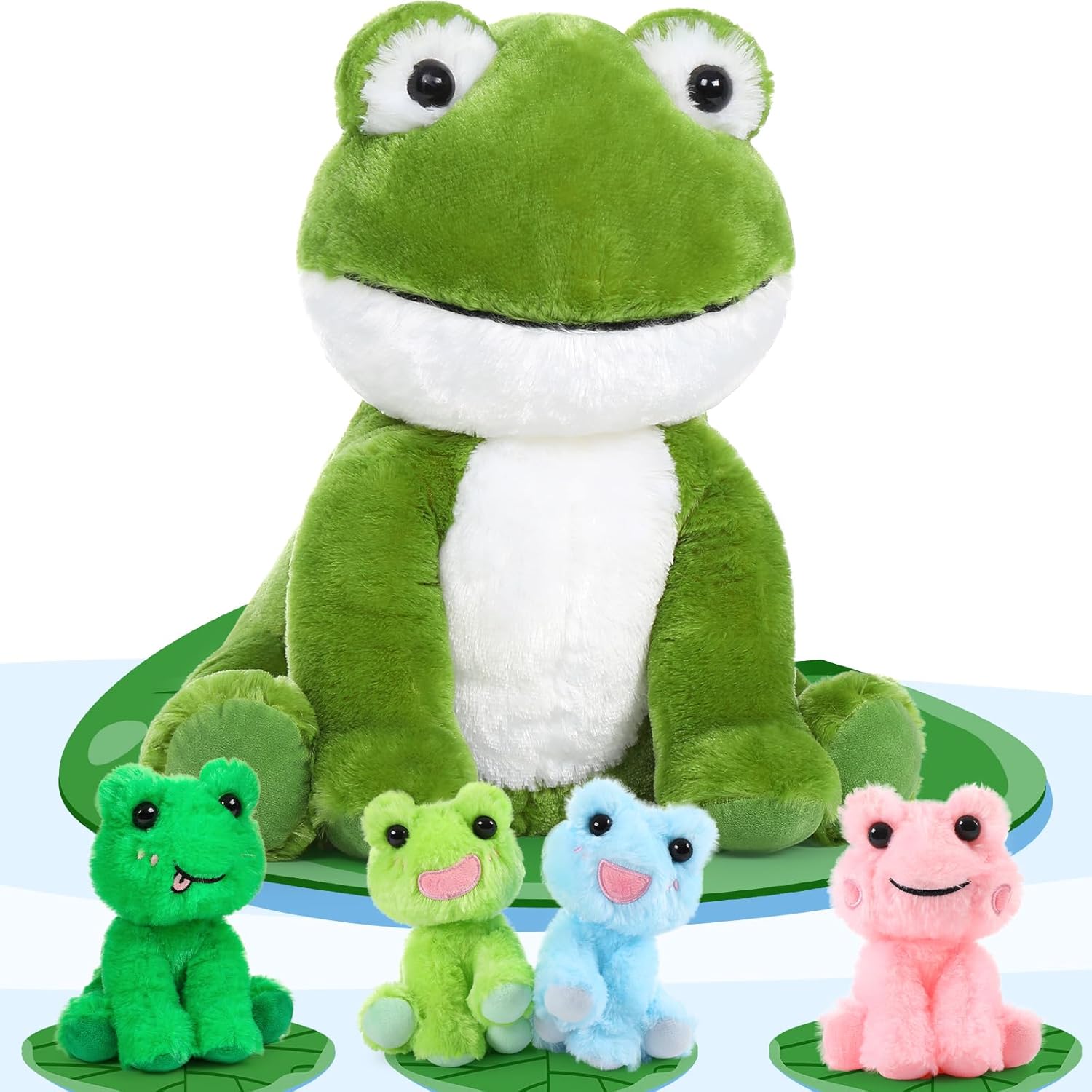 MorisMos Juguetes de peluche de rana grande, gran peluche verde de rana mamá y 4 juguetes de rana bebé para niños, lindos juguetes de sapo de