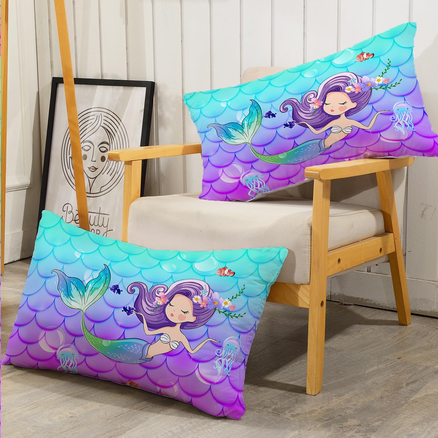 AILONEN Bonita sábana bajera ajustable de sirena de dibujos animados, tamaño individual, hermoso juego de sábanas con temática de medusa para niños