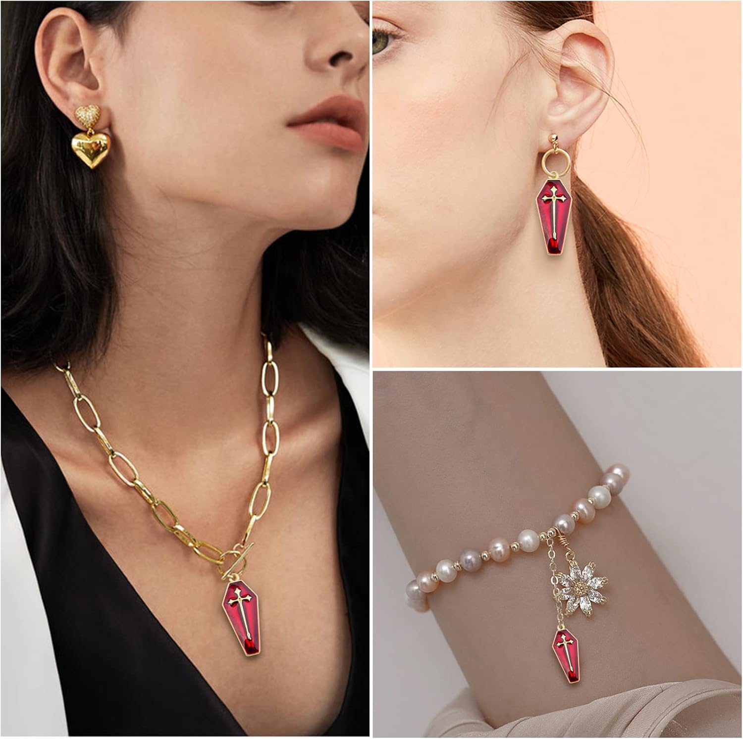 Aylifu 20 dijes de cruz esmaltada roja con diseño de ataúd con cruz para manualidades, pulseras, collares, joyería, decoración de fiesta, Esmalte