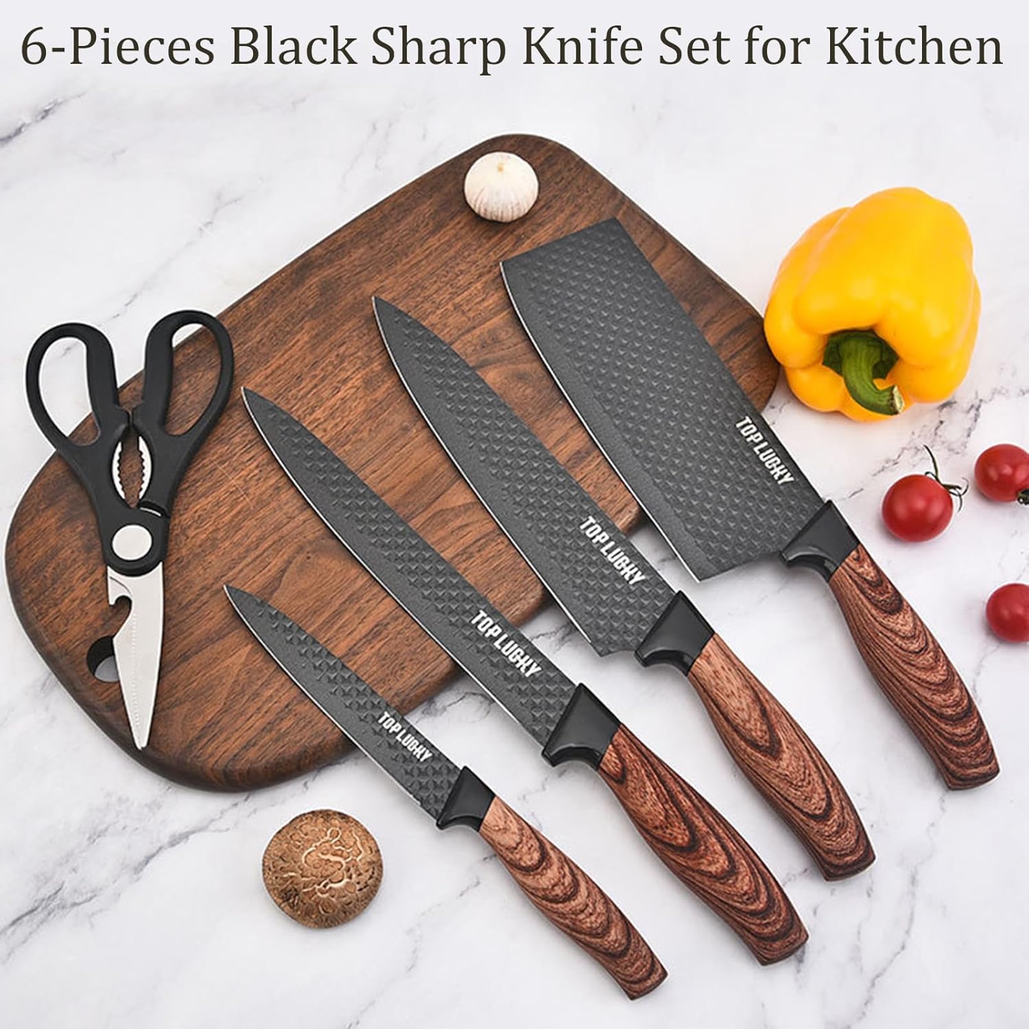 Juego de cuchillos de cocina de 6 piezas, color negro, juego de cuchillos afilados negros para cocina, antiadherentes, antideslizantes, juego de