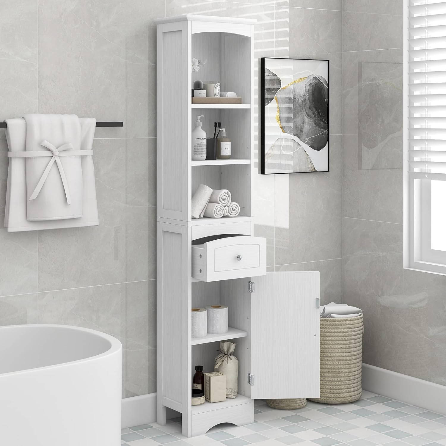 Armario de almacenamiento alto para baño con 5 estantes y cajón de almacenamiento, armarios de baño de 67 pulgadas de alto independientes, gabinete
