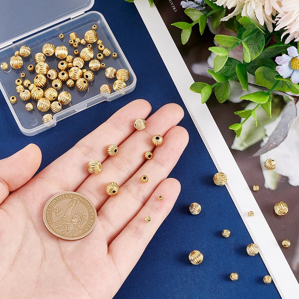 PH PandaHall 80 cuentas espaciadoras chapadas en oro de 18 quilates, cuentas redondas ranuradas de 4 tamaños, espaciadores de latón, cuentas sueltas