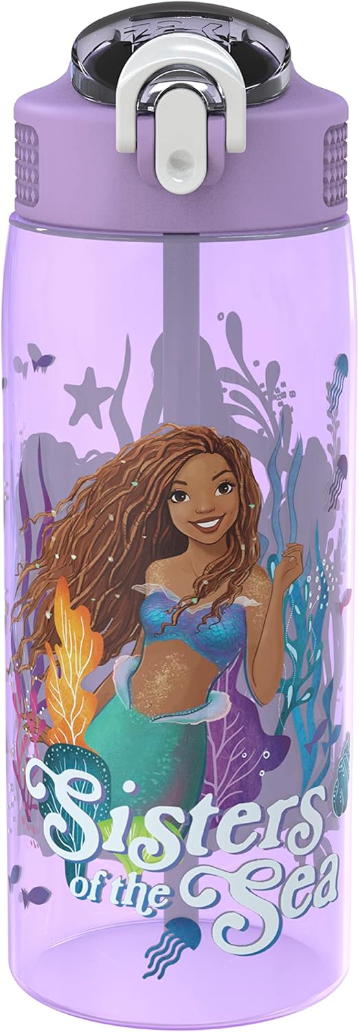 Zak Designs Disney La Sirenita 2023 Botella de agua, niños, escuela o viajes, 25onzas, plástico duradero, boquilla antimicrobiana abatible, tapa,