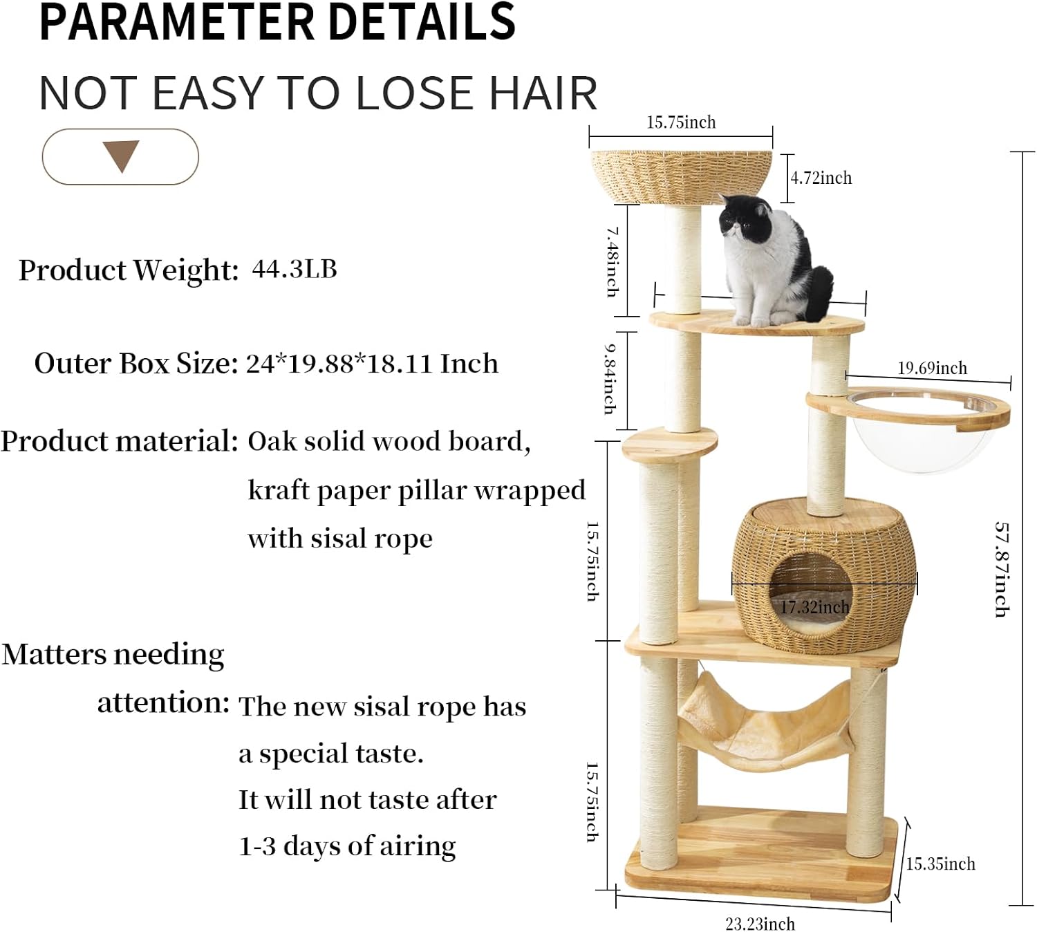 Torre de árbol para gatos grande y moderna de 59 pulgadas, torre para gatos, postes rascadores cubiertos de sisal para gatos de interior, árbol de