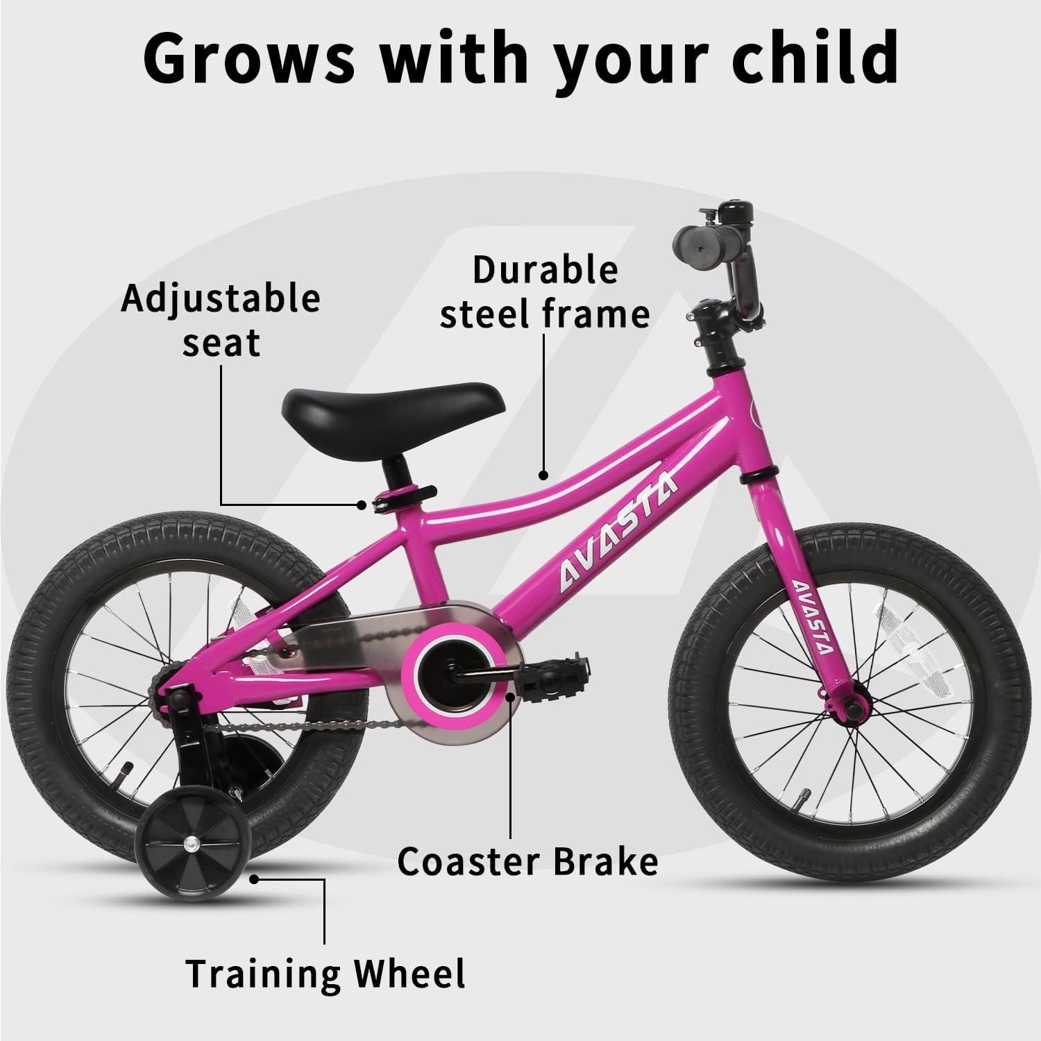 AVASTA Bilbo – Bicicleta infantil de 14, 18, 20 pulgadas, para niños de 3 a 10 años, con soporte y doble freno de mano, asiento ajustable, varios