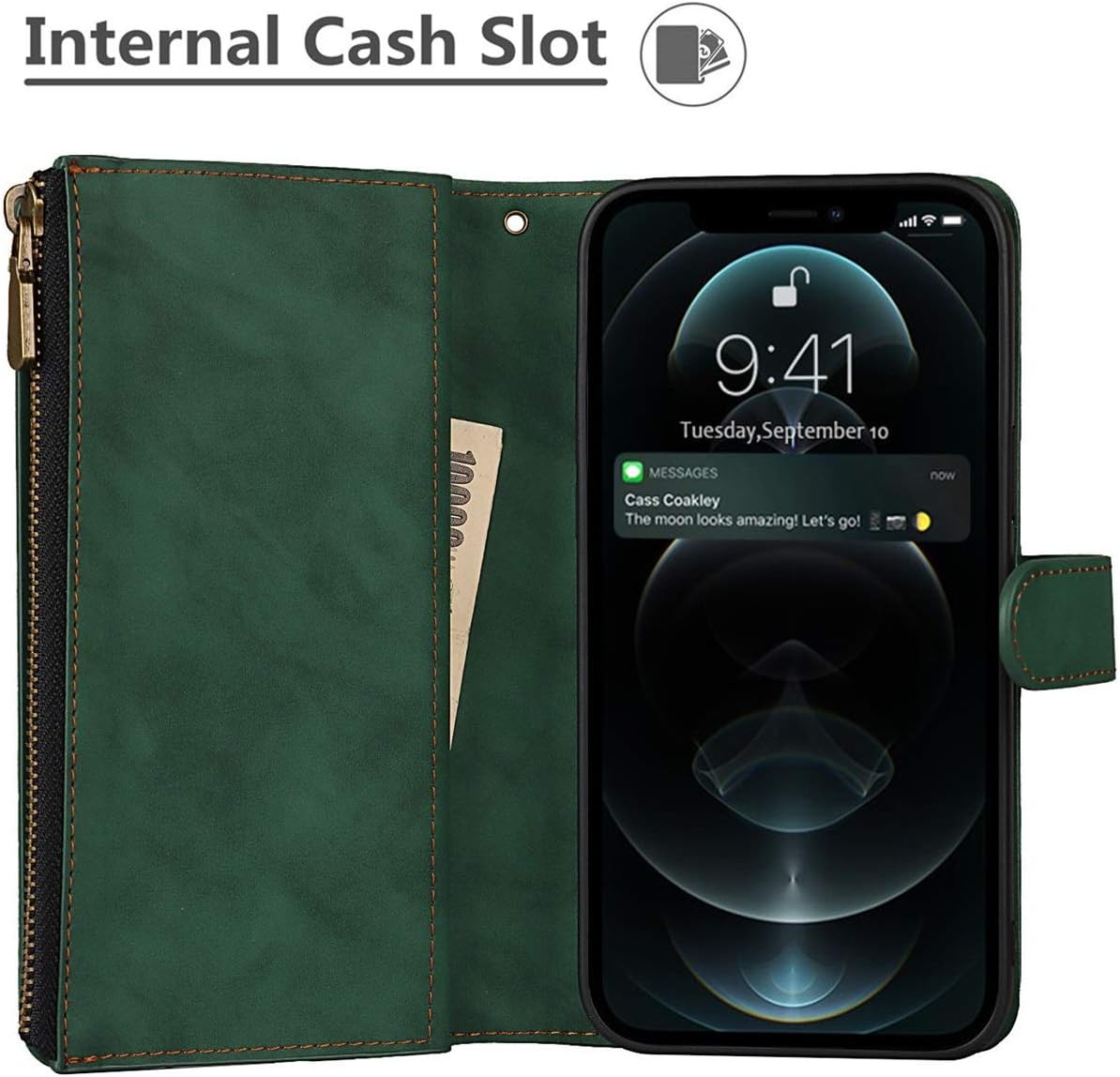 iCoverCase Funda tipo cartera para iPhone 12 Pro Max con tarjetero y correa para la muñeca, de piel sintética, ranuras para tarjetas, bolsillo con