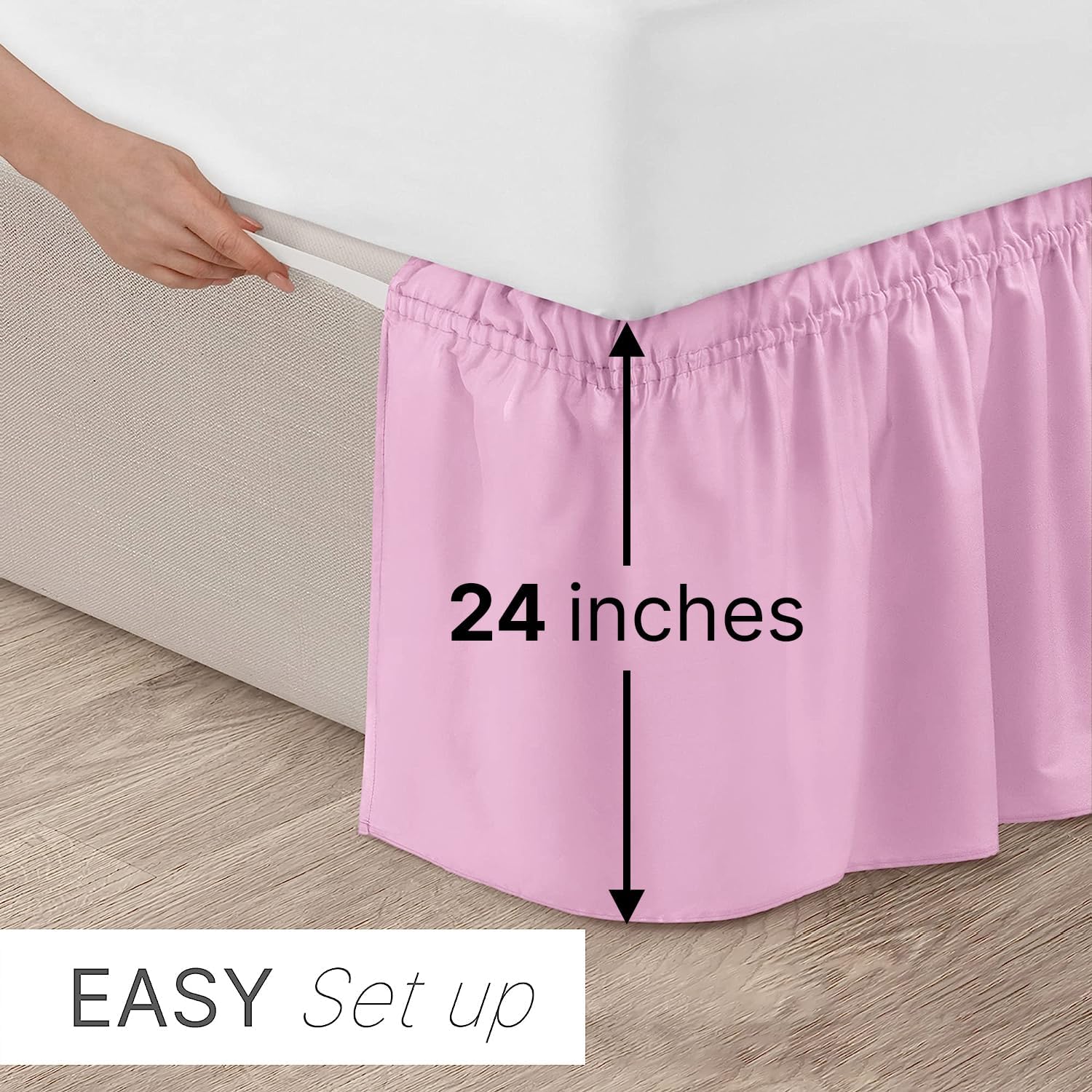 CGK Linens – Falda de cama envolvente con volantes, color rosa claro, para camas de tamaño individual con caída de 24 pulgadas, correa elástica de