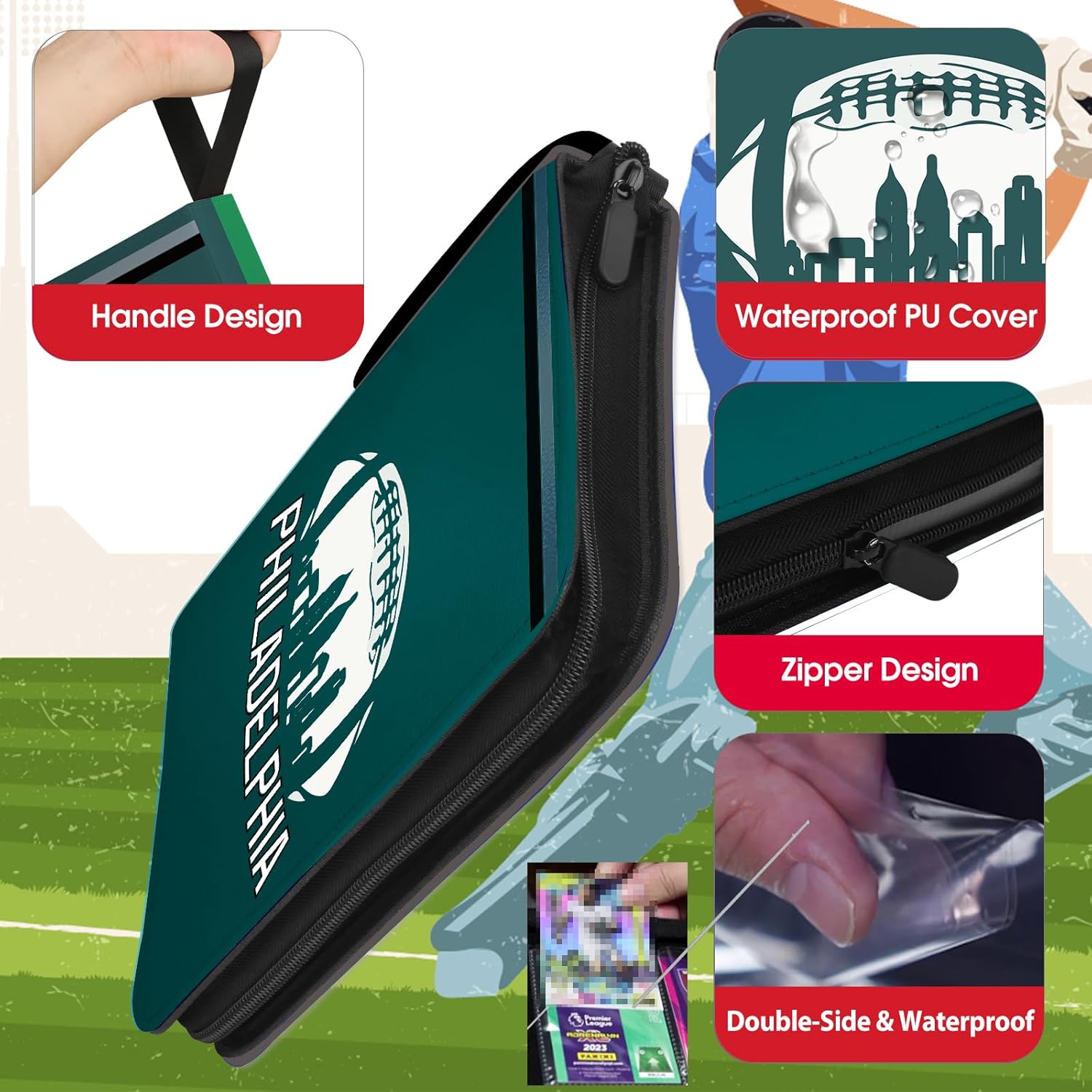 Carpeta de tarjetas de fútbol Philadelphia con mangas, 900 bolsillos, 3 anillos, impermeable, resistente al polvo, duradera