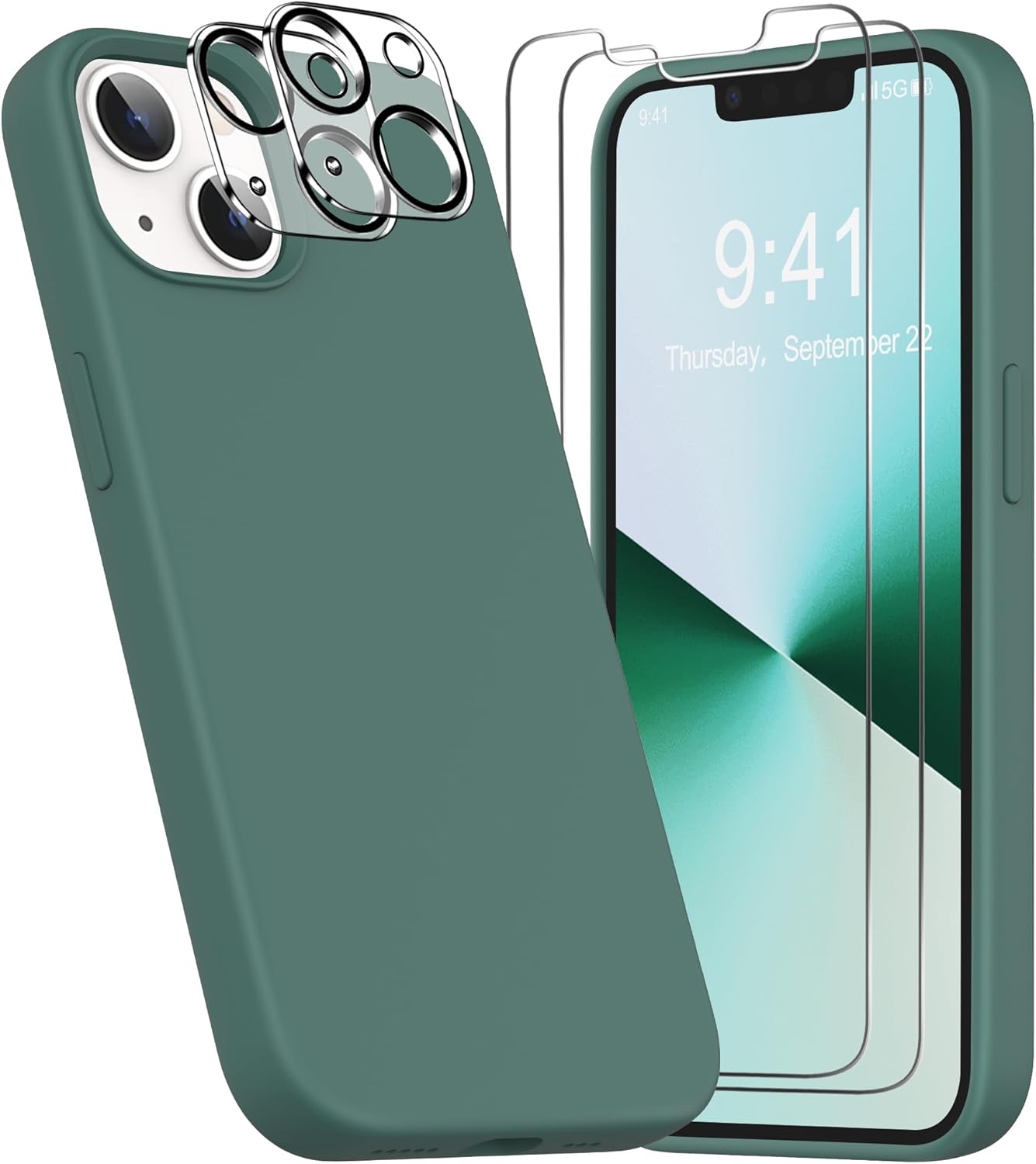 YATWIN Funda 5 en 1 diseñada para iPhone 13 con 2 protectores de pantalla + 2 protectores de lente de cámara, silicona líquida, delgada, de goma