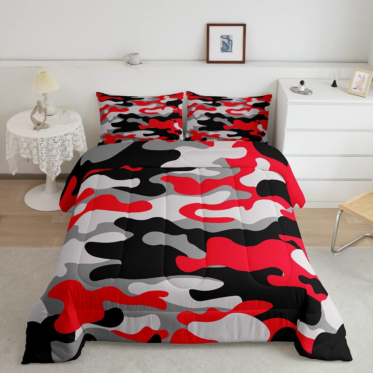 Juego de edredón de camuflaje de tamaño matrimonial, juego de ropa de cama de 3 piezas para niños, niñas y adolescentes, 1 edredón y 2 fundas de