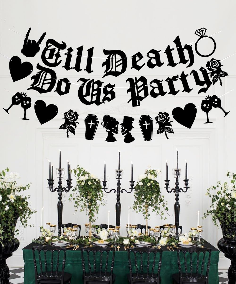 Cartel de fiesta Black Till Death Do Us, cartel de fiesta en inglés antiguo, pancarta de fiesta de boda de Halloween, boda, despedida de soltera,
