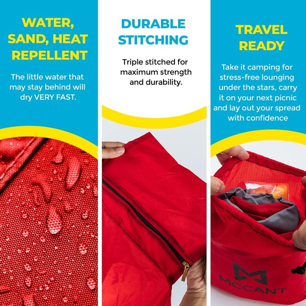 MCCANT Manta de bolsillo para playa, 84 x 84 pulgadas, manta de playa de nailon extrasuave sin arena, manta de picnic impermeable con 4 estacas y