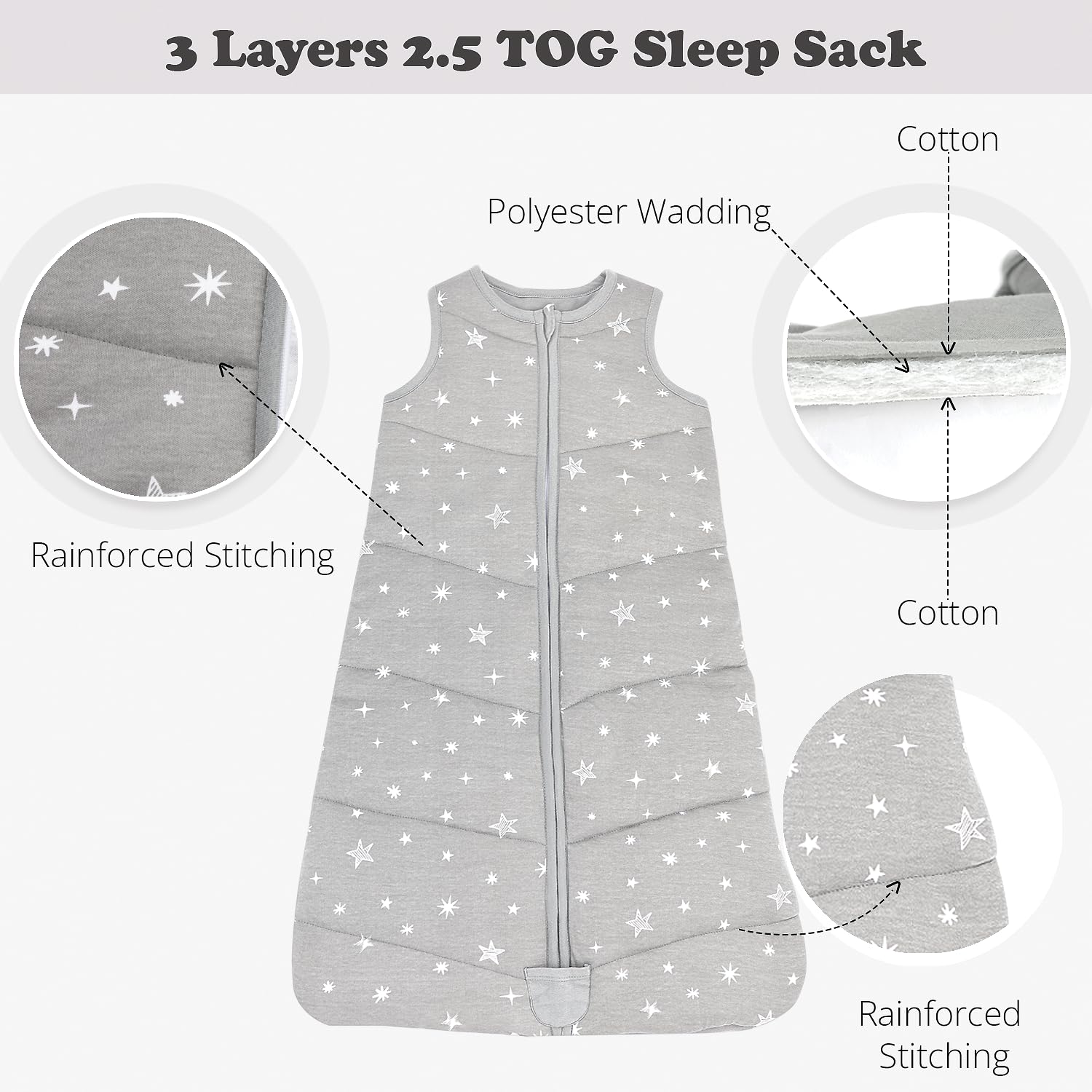Manta para bebé, saco de dormir de invierno de 2.5 TOG, sacos de algodón para 6-12 meses, 1 paquete de tamaño mediano, 3 capas de 2 vías con