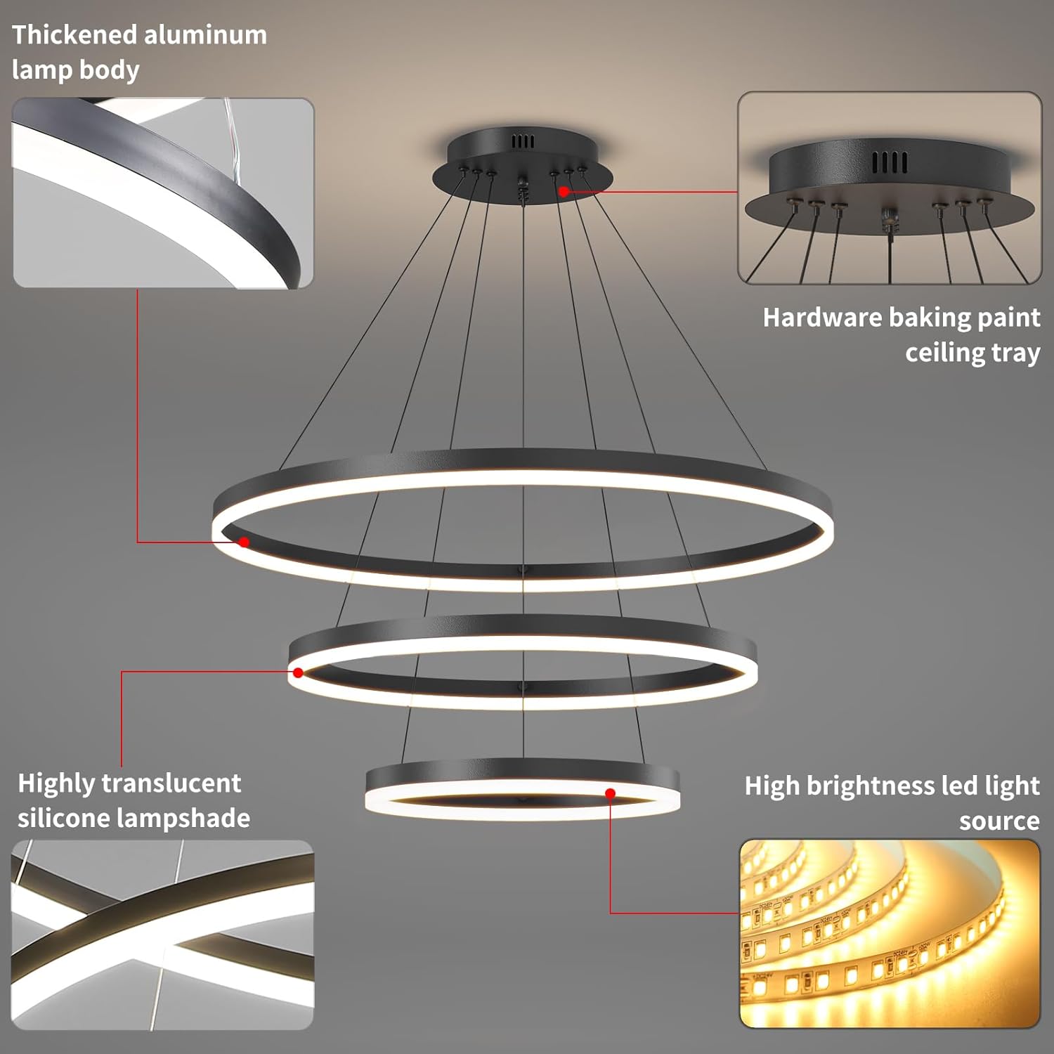 Lámpara de techo moderna, acrílico antiparpadeo negro, lámpara colgante con control remoto, regulable, 3 modos de color y luces de isla de brillo