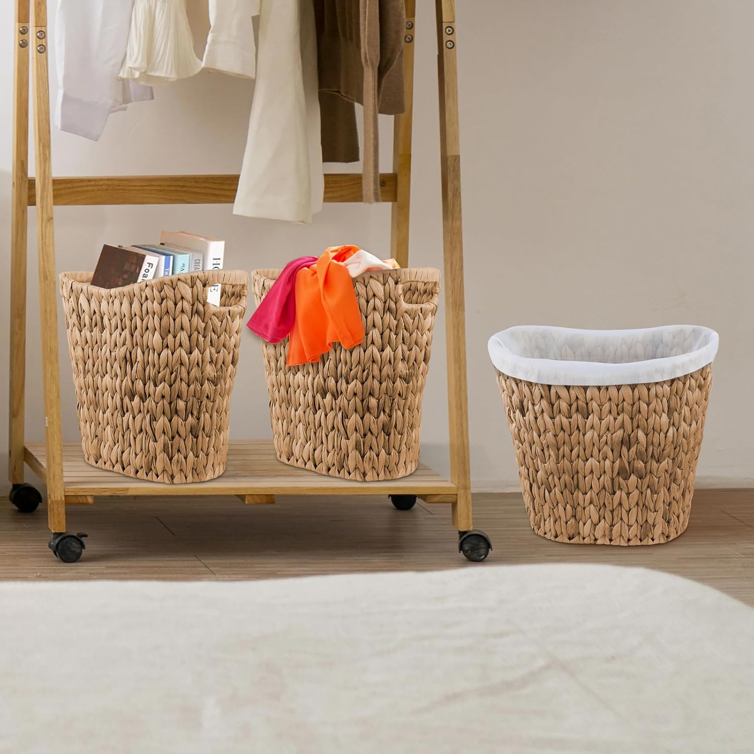 Cesta de basura de mimbre, cubo de basura de jacinto de agua tejido a mano, cesta de basura de mimbre con asas integradas, cubo de basura de mimbre