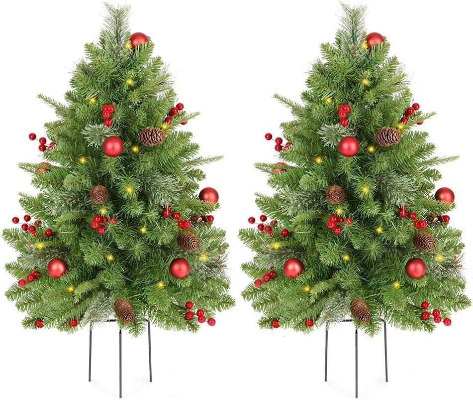 KING BIRD Juego de 2 árboles de Navidad para exteriores de 30 pulgadas, decoración LED de porche de Navidad preiluminada, árbol al aire libre, 260