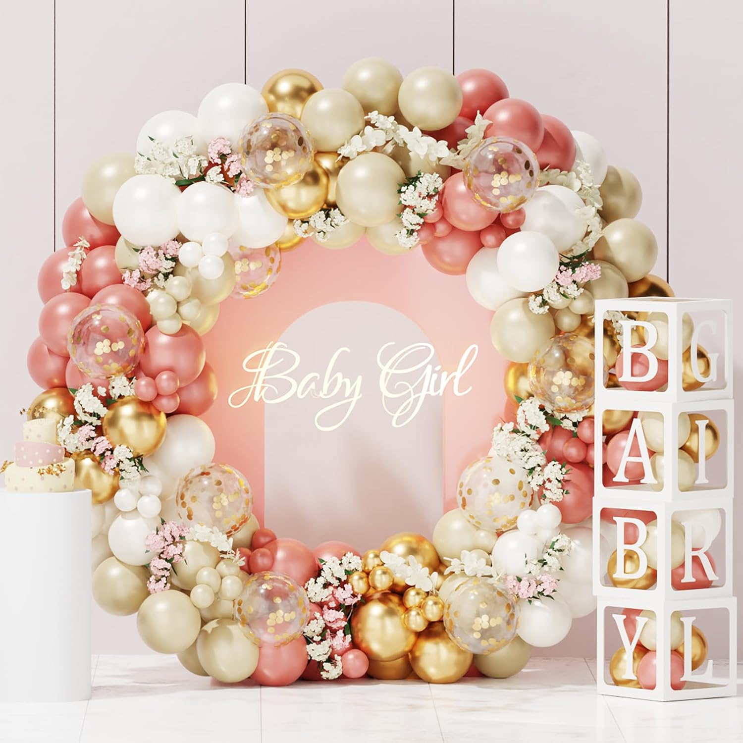 Decoraciones de baby shower para niña, kit de arco de globos retro rosa, blanco y dorado, 4 cajas con letras para baby shower, decoraciones de feliz