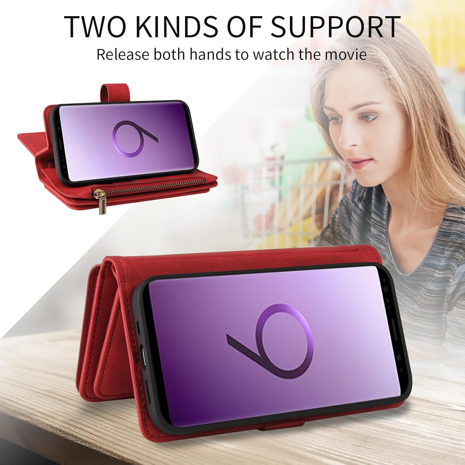 Asuwish Funda de teléfono para Samsung Galaxy S9 con protector de pantalla de vidrio templado y correa para la muñeca de cuero con tapa para tarjeta