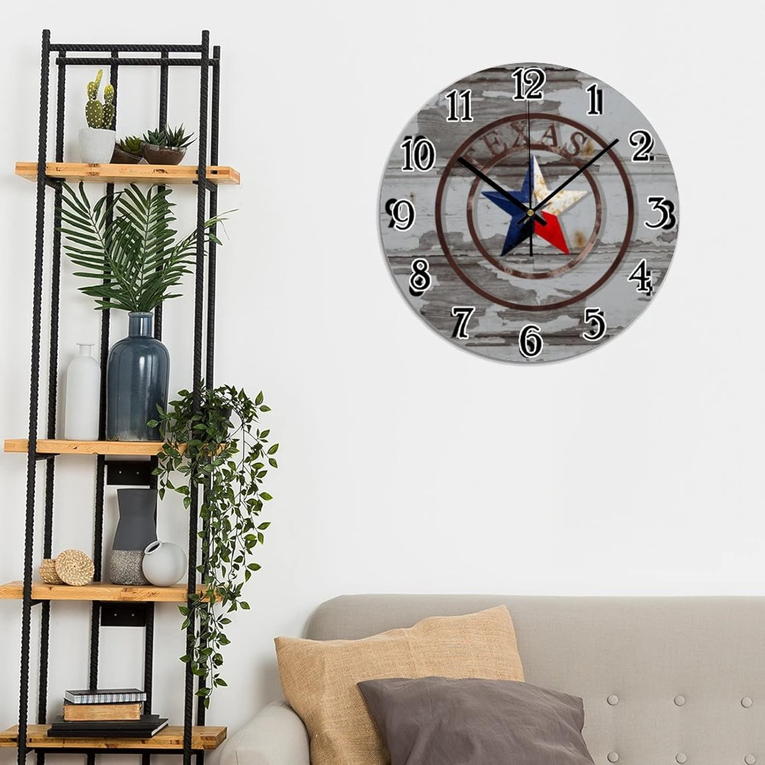 Reloj de pared con estrella de Texas occidental, reloj de pared decorativo estilo Shabby Chic Retro de 12 pulgadas, reloj redondo de cuarzo,