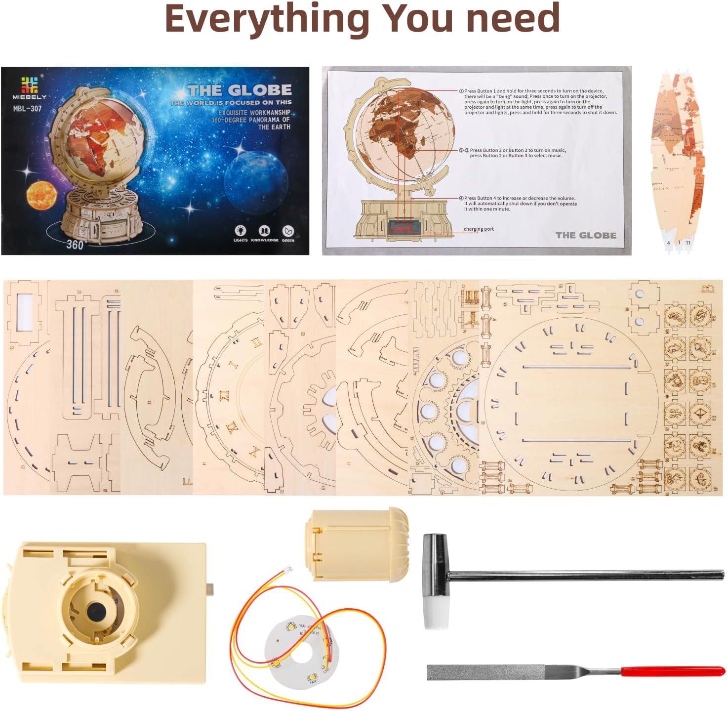 MIEBELY Rompecabezas de madera 3D para adultos con carga USB, caja de música con globo iluminado, kit de construcción de modelos de madera LED con
