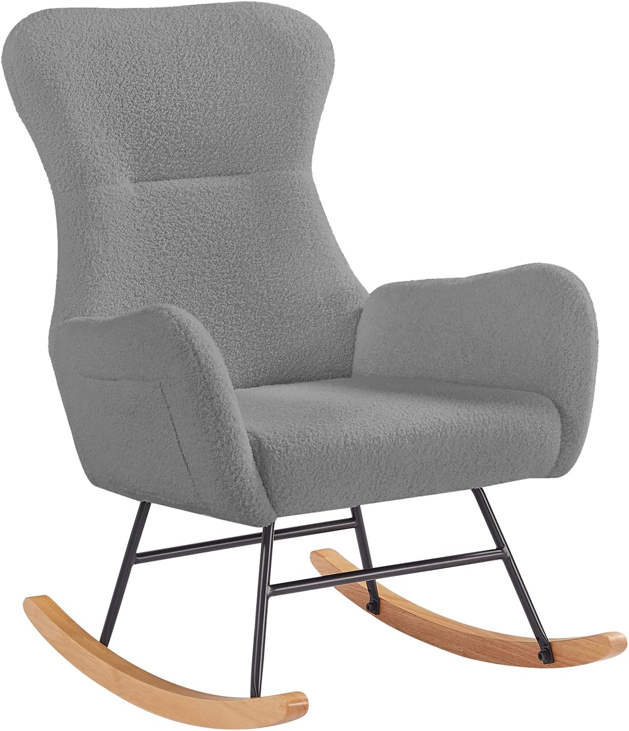 Silla mecedora moderna con acento tapizado, con respaldo alto y reposabrazos para sala de estar (tela de peluche gris)