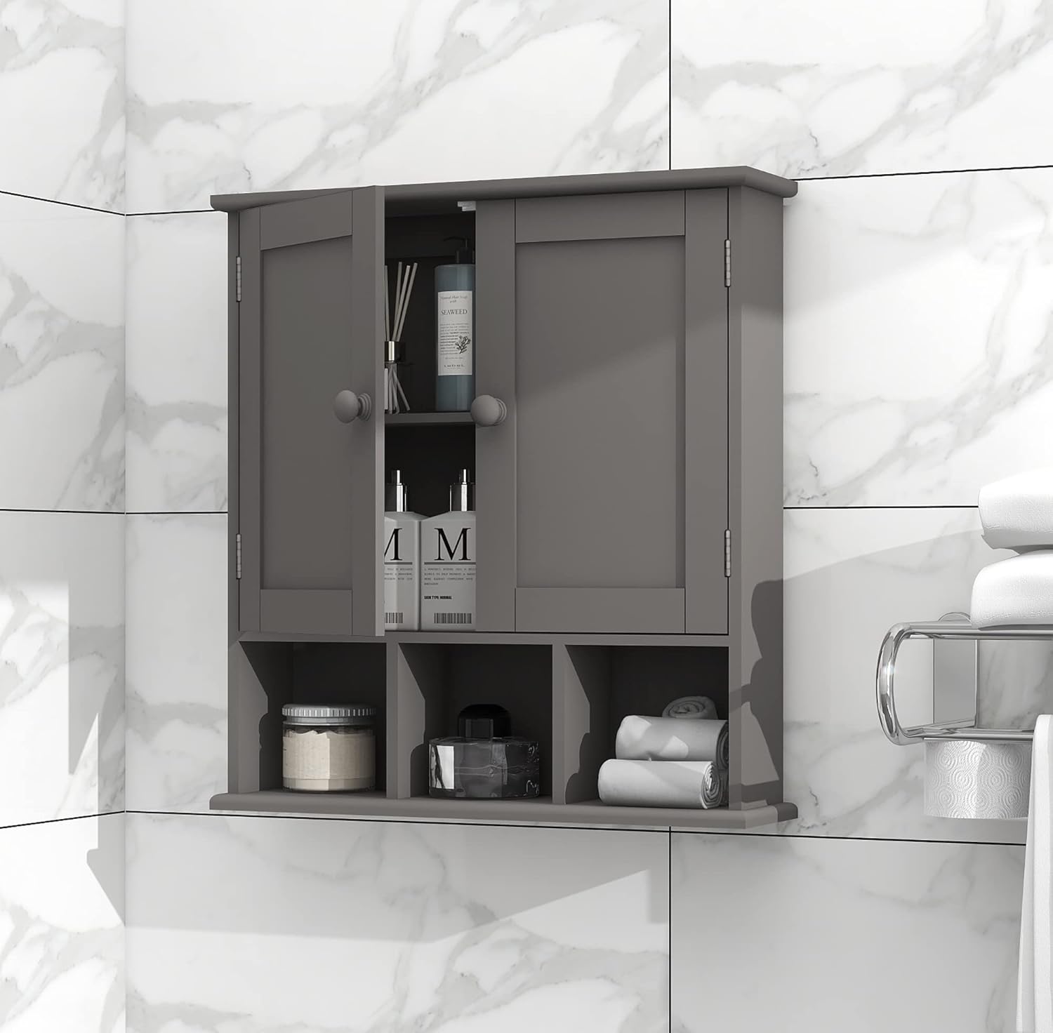 TaoHFE Armario de baño gris, gabinete de pared de baño con estantes ajustables de 2 puertas, armario de almacenamiento sobre el inodoro, armario de