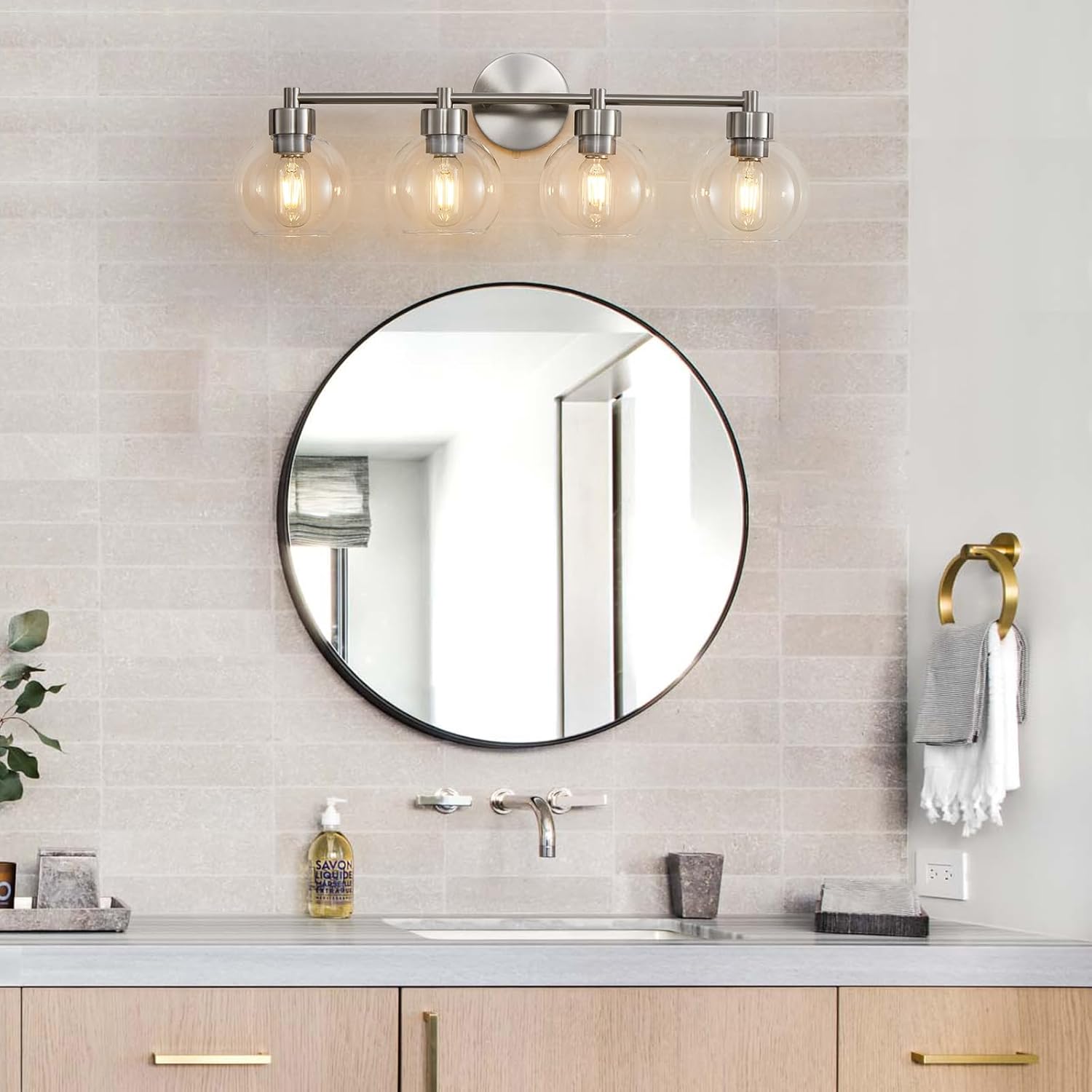 Lámparas de baño, 4 luces de tocador de baño, acabado redondo de níquel cepillado, luces de tocador de baño con pantallas de vidrio transparente de
