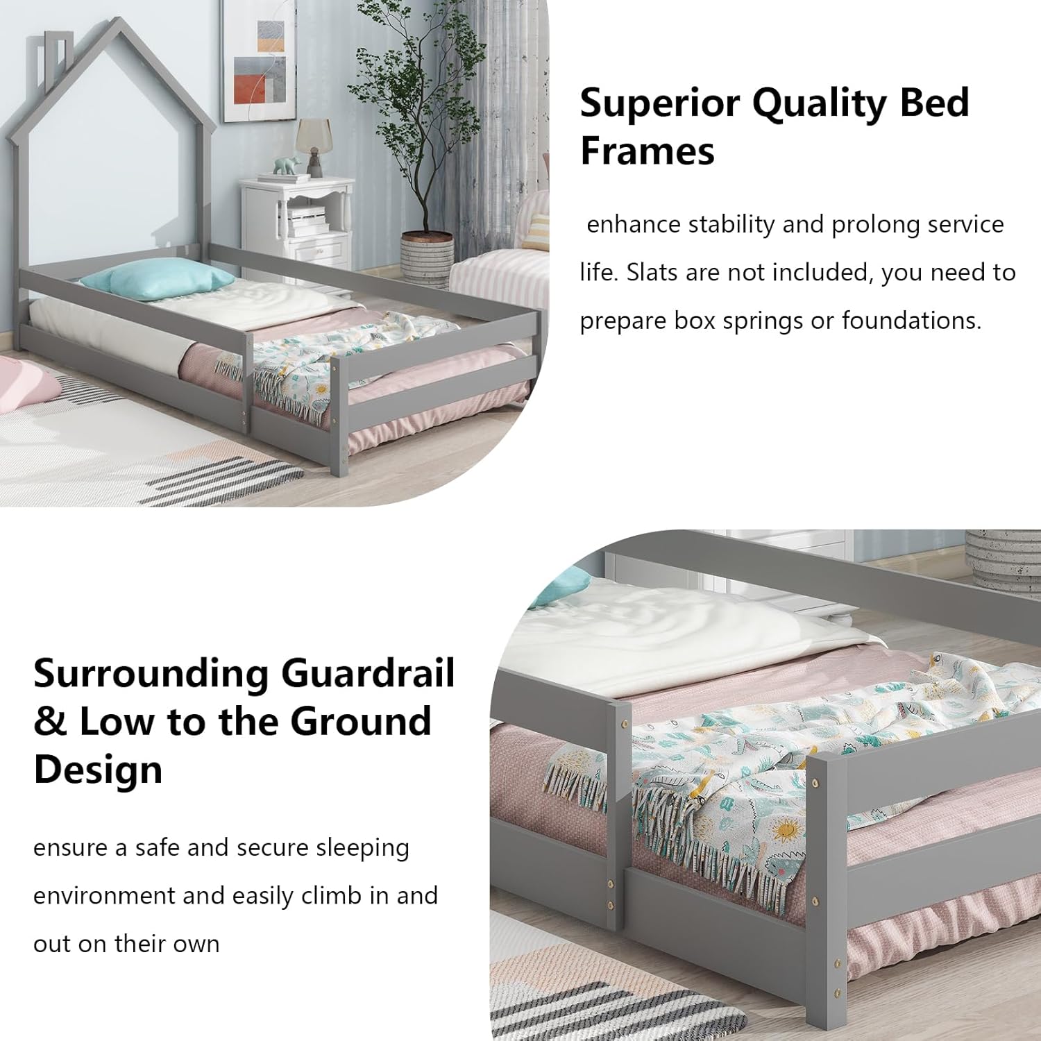 Cama de suelo Montessori individual, marco de cama de tamaño individual con cabecero y cercas en forma de casa, cama de piso individual para niños,