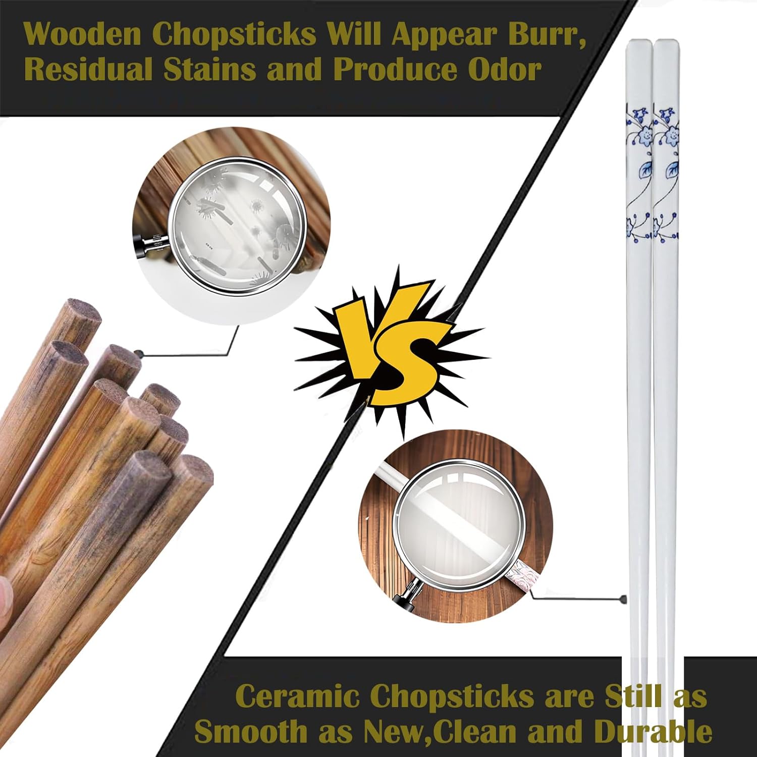 Palillos de cerámica reutilizables, 5 pares, aptos para lavavajillas, palillos azules, 9.7 pulgadas (estrellas azules)