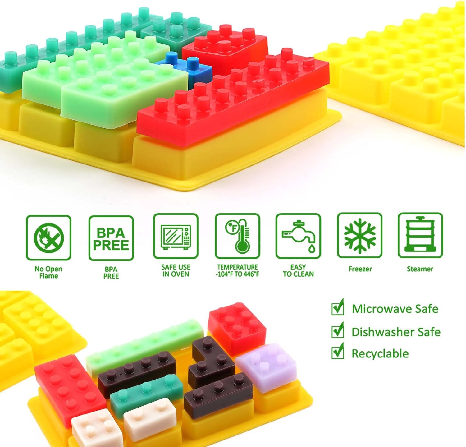 Mivofun – 3 moldes de bloques de construcción, moldes de silicona para ladrillos de construcción, 12 tipos de formas, moldes para cubitos de hielo,