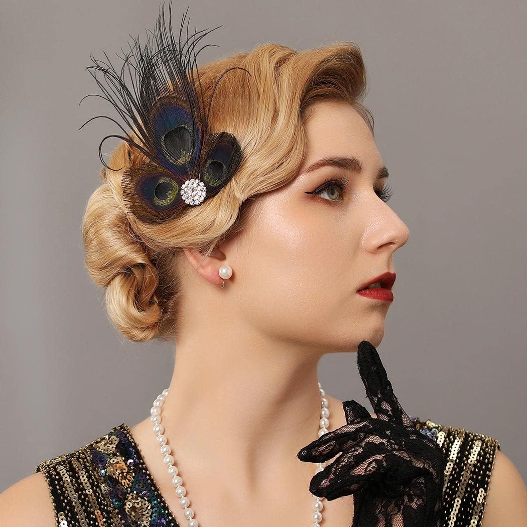 GORTIN Pinza para el pelo de plumas de los años 20, diadema de plumas de gran Gatsby, tocado de plumas de pavo real negro, diadema de Rhiestone,