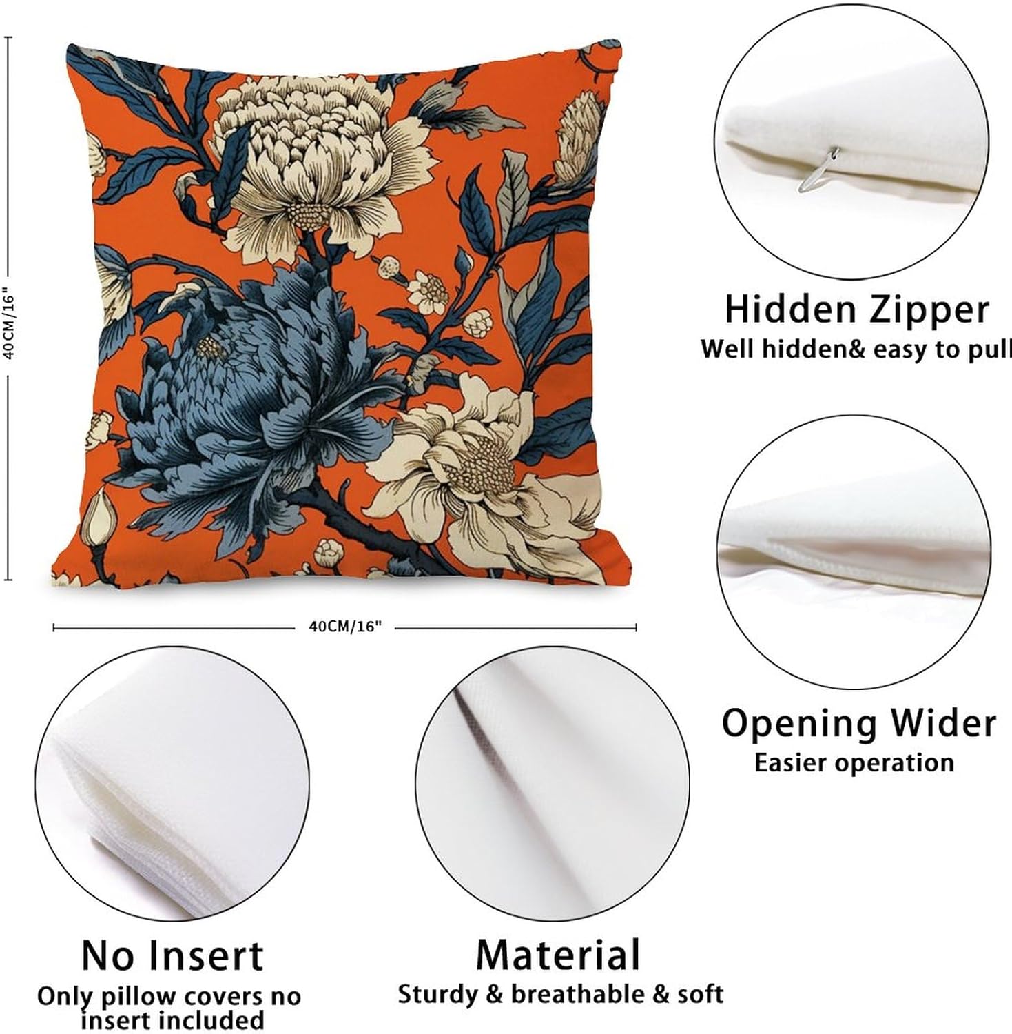 Chinoiserie – Juego de 2 fundas de almohada de flores de caqui, color azul marino, naranja, crema, floral, fundas de cojín inspiradas en Asia de 16