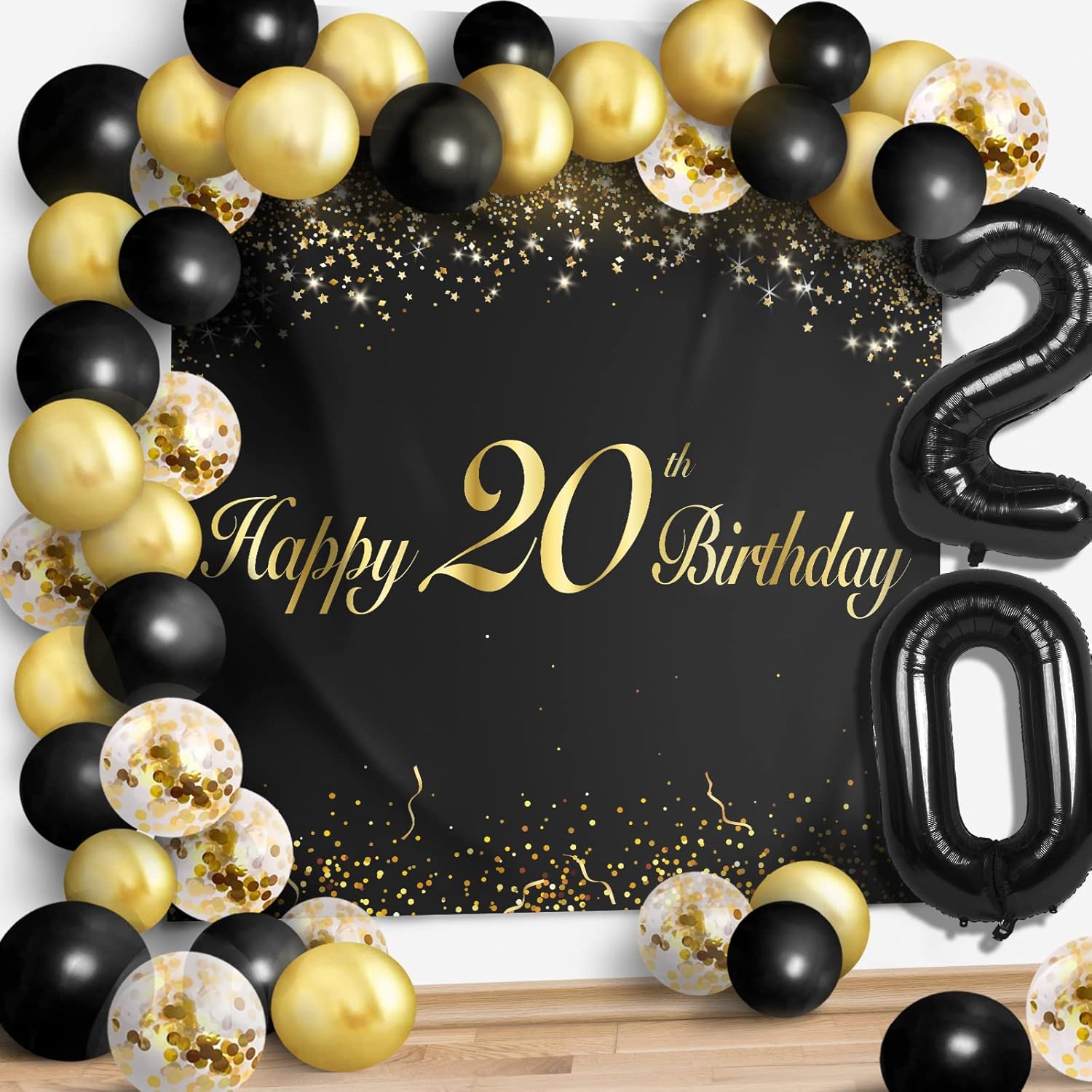 Juego de globos negros de feliz 20 cumpleaños  Saludos a los 20 años de edad temática de fiesta temática guirnalda pancarta decoración telón de