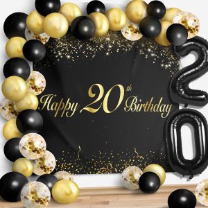 Juego de globos negros de feliz 20 cumpleaños Saludos a los 20 años de edad temática de fiesta temática guirnalda pancarta decoración telón de Juego de globos negros de feliz 20 cumpleaños Saludos a los 20 años de edad temática de fiesta temática guirnalda pancarta decoración telón de