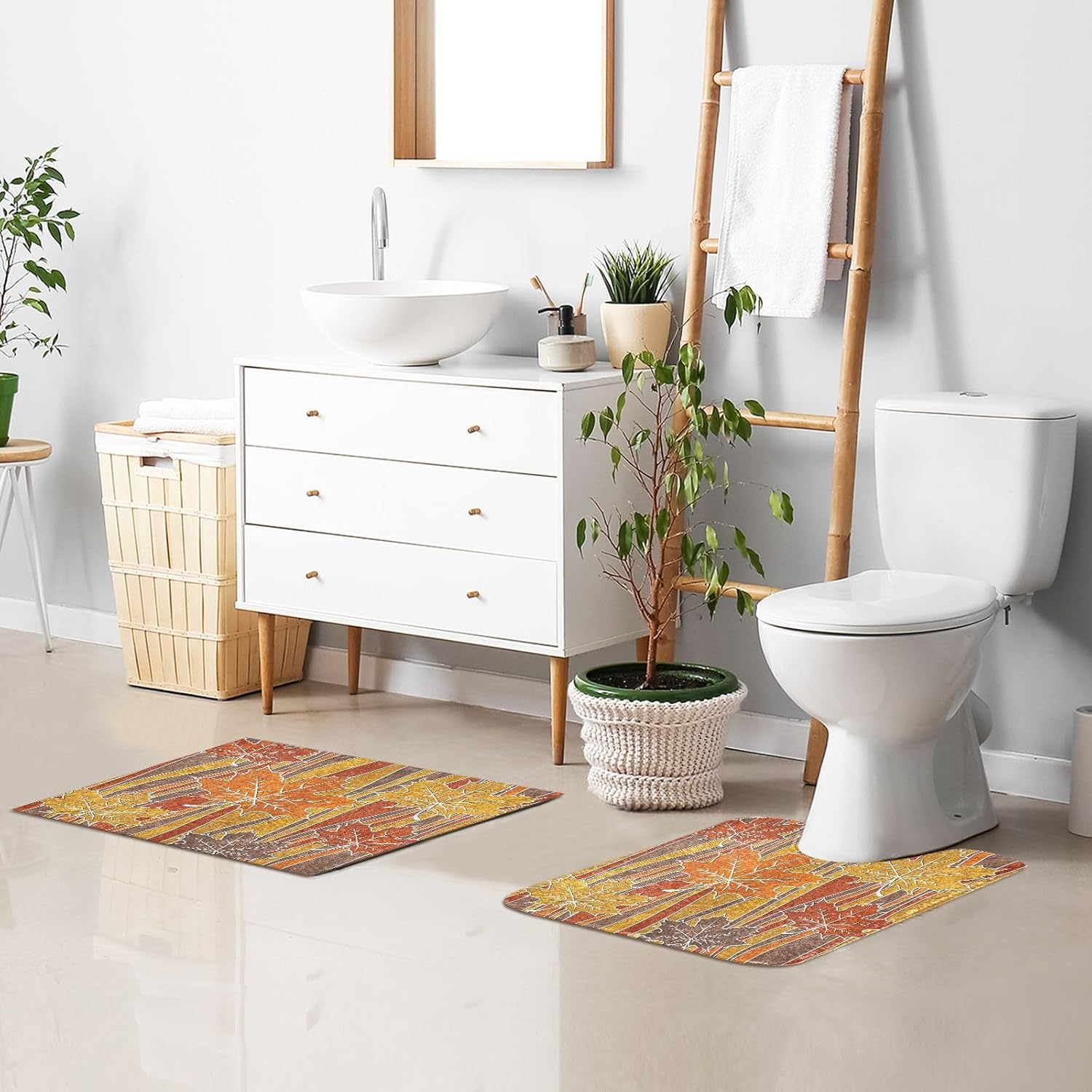 Juego de 2 alfombras de baño de 24 x 16 + 24 x 20 pulgadas, suave en forma de U, tapete decorativo de hoja de arce antideslizante absorbente para