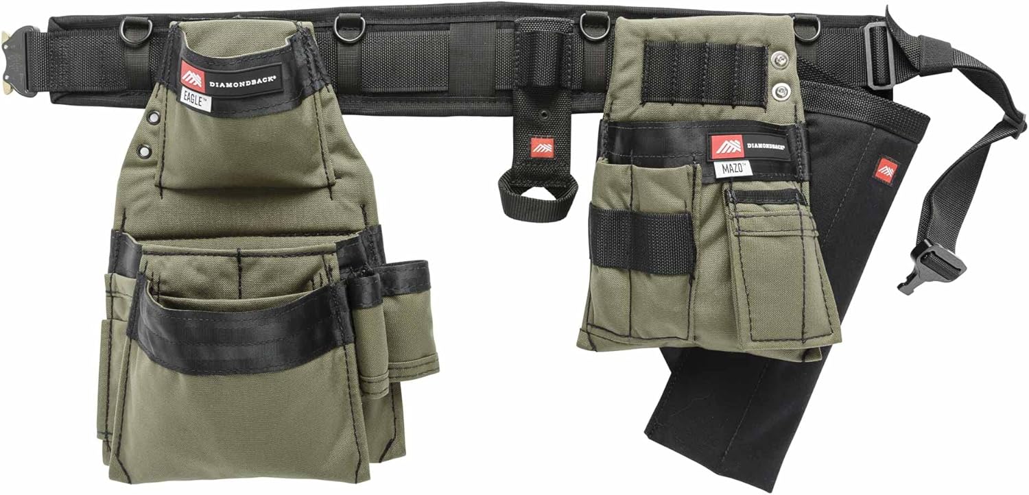 El sistema de cinturón de herramientas Diamondback Chopo, diestro, verde guardabosque, pequeño, para carpinteros, electricistas, techadores, paneles