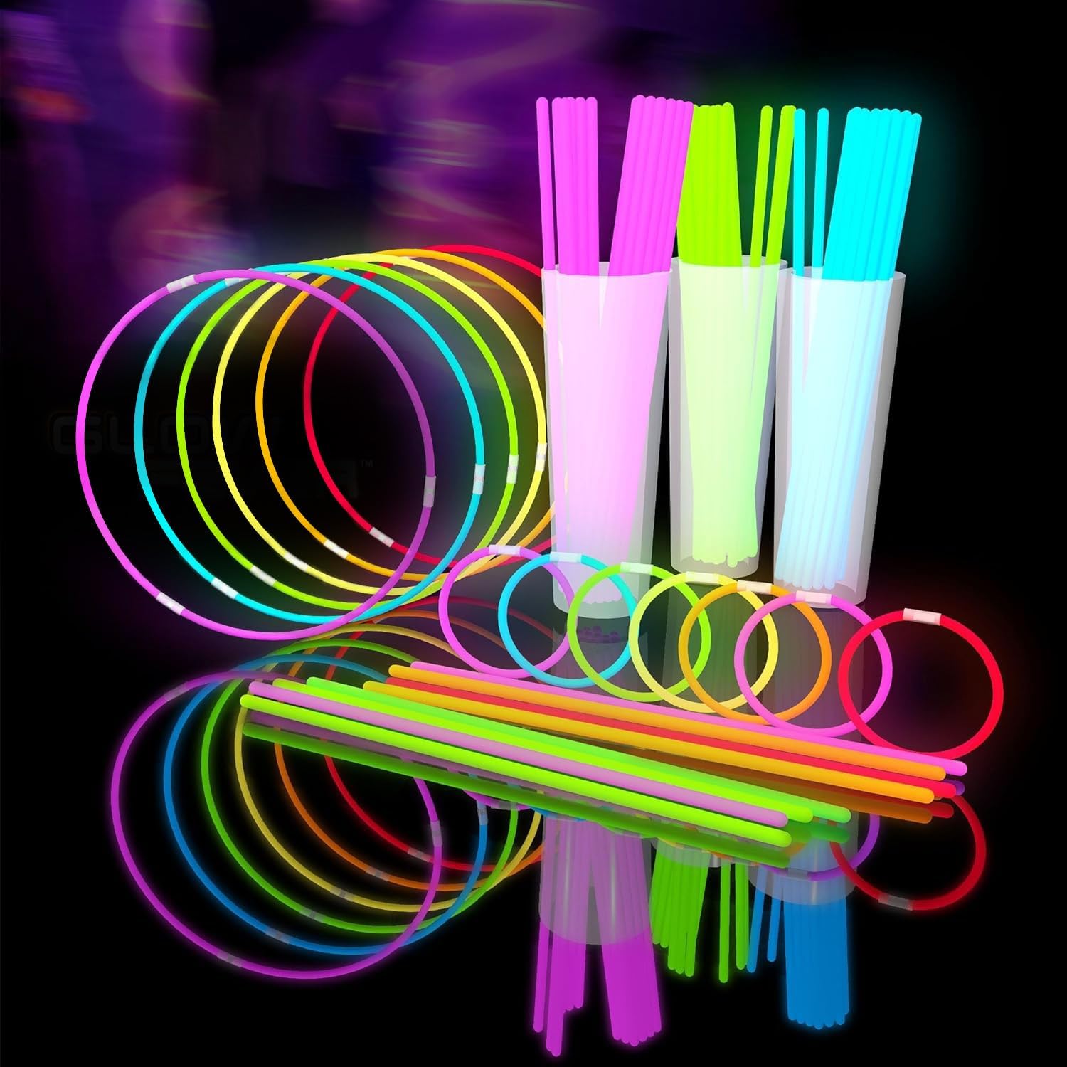 Glowsticks – Paquete de 1200 piezas de fiesta a granel que incluye 600 palillos brillantes de 8 pulgadas y 600 conectores, pulseras y collares,