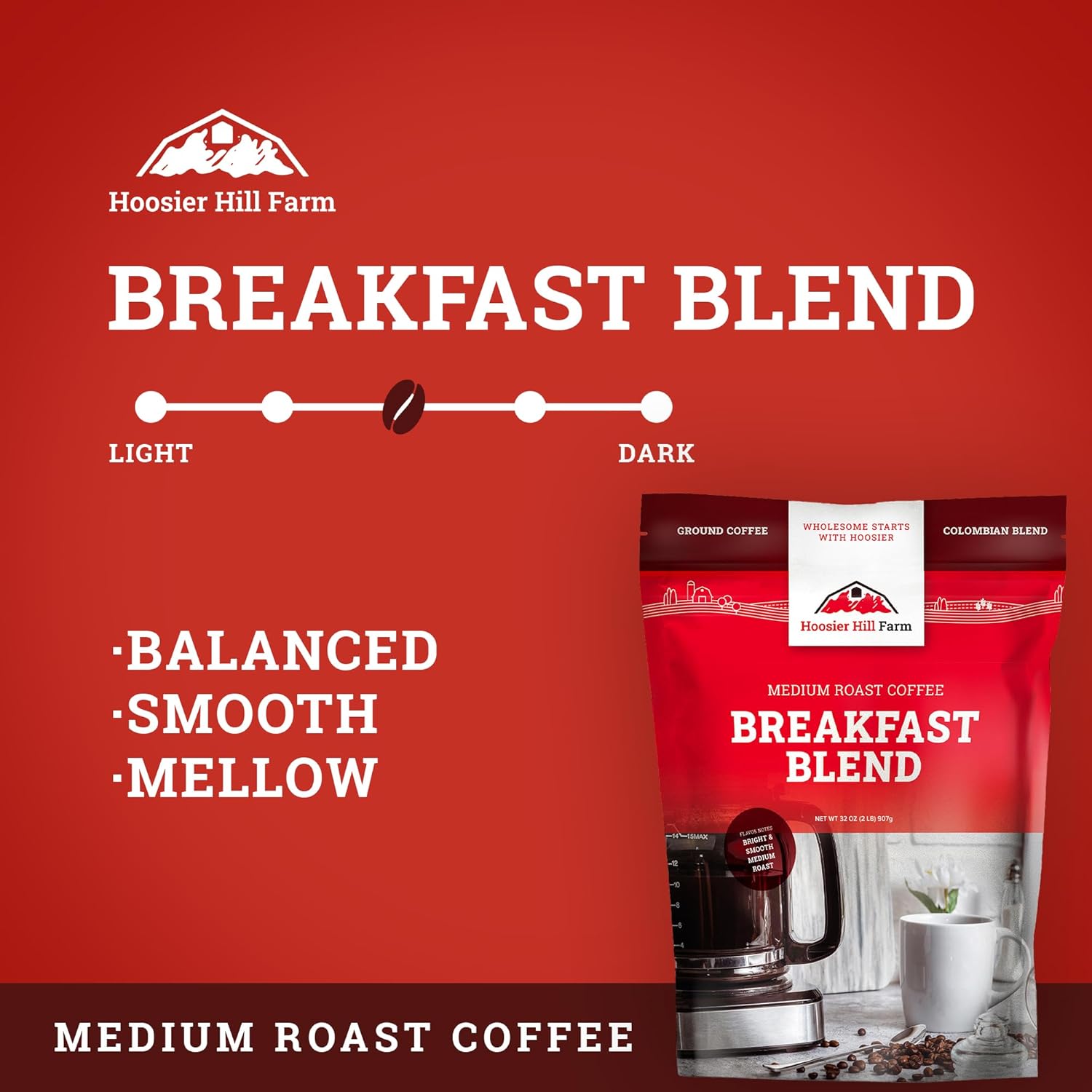 Hoosier Hill Farm Breakfast Blend – Café molido, tostado medio, 32 onzas (2 libras), bolsa resellable