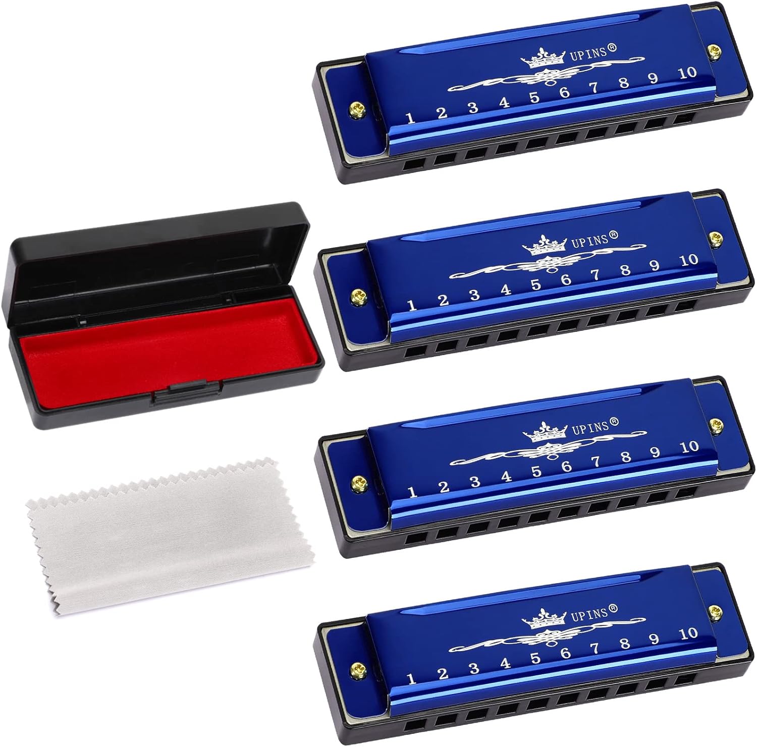 UPINS Harmonica, 4 piezas Key of C Blues 10 agujeros 20 tonos titanio color armónica con estuche paño de limpieza para principiantes estudiantes