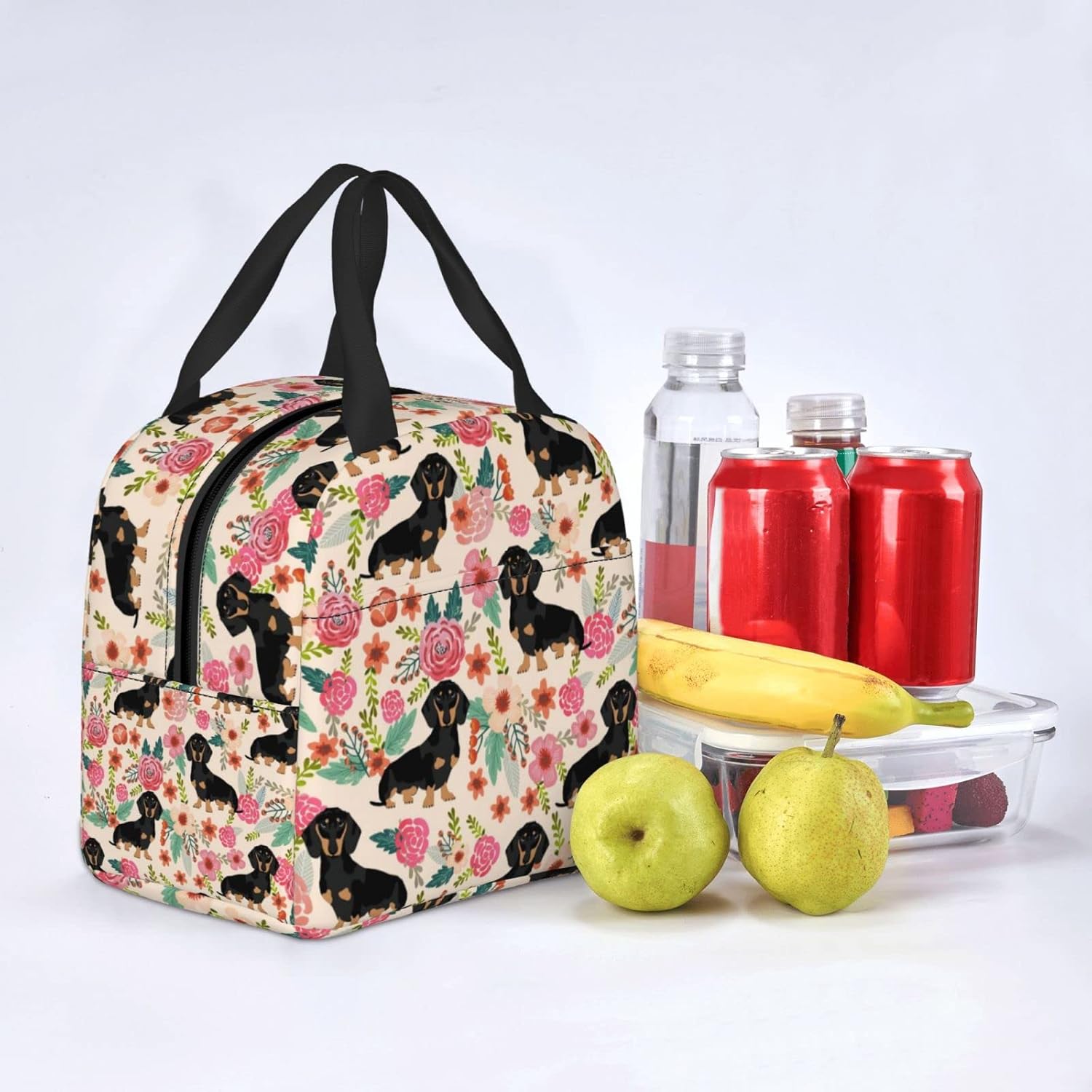 Daschund – Bolsa de almuerzo con aislamiento de flores para perros y mujeres, reutilizable, impermeable, portátil, hielera, térmica, para trabajo,
