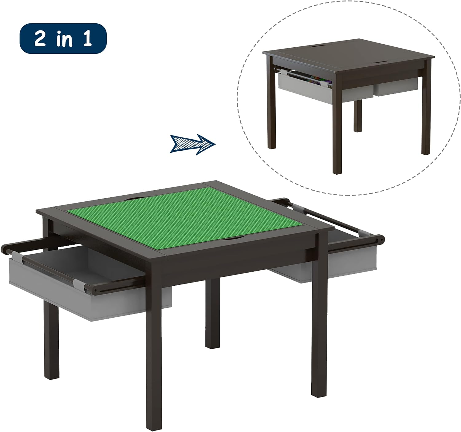UTEX – Mesa de juegos 2 en 1 para niños con cajones de almacenamiento y base para legos integrada.