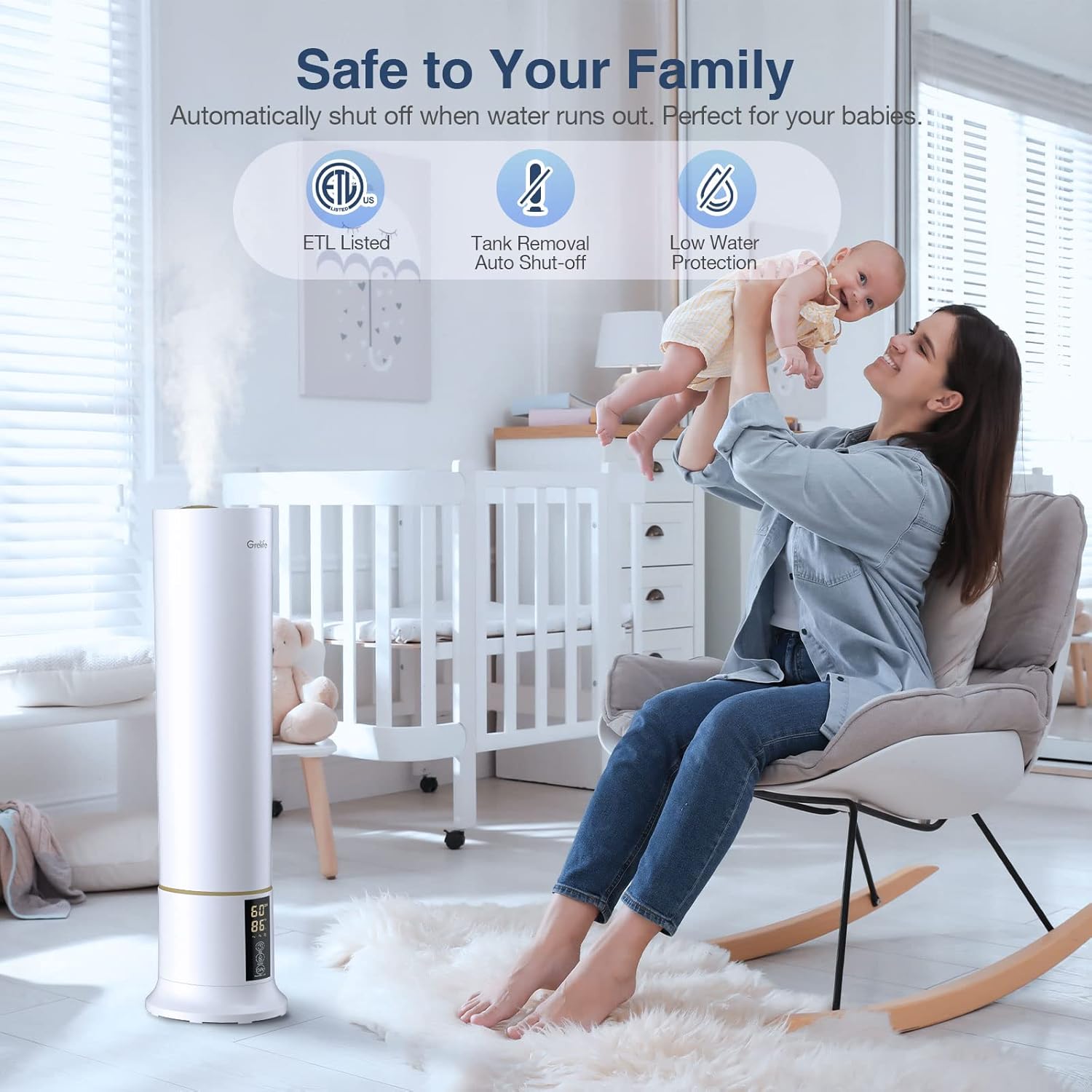 Grelife Humidificadores grandes de 9L2.38 galones para dormitorio, habitación grande, humidificador ultrasónico de llenado superior de niebla fría