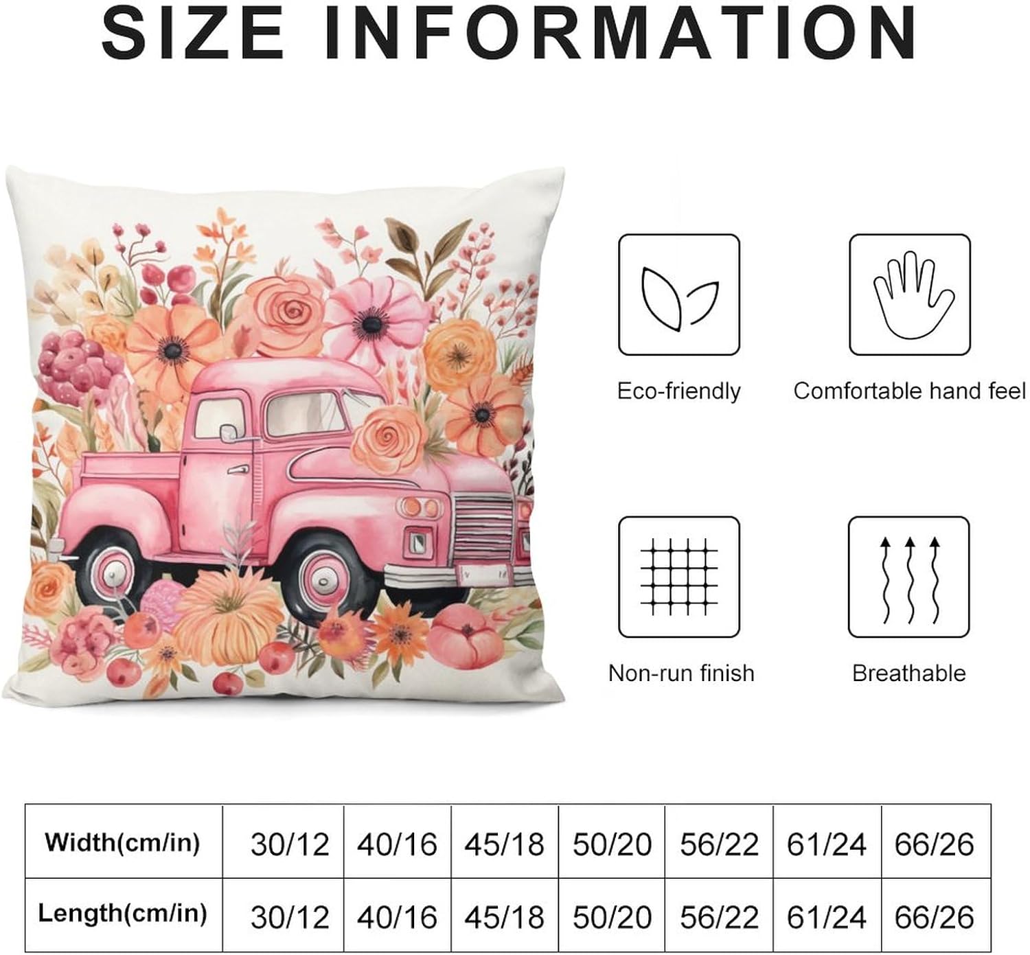 Fundas de almohada de 20 x 20 pulgadas, diseño de acuarela rosa con estampado de flores de calabaza y camión rosa, suave, estampado de doble cara,