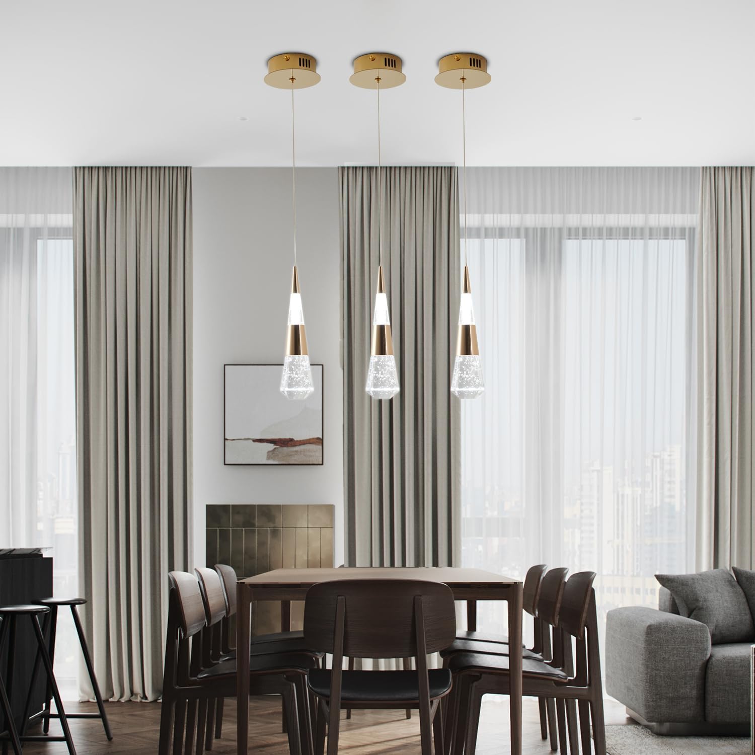 Luces colgantes doradas para isla de cocina, paquete de 3 luces colgantes para isla de cocina, moderna lámpara colgante LED dorada para comedor