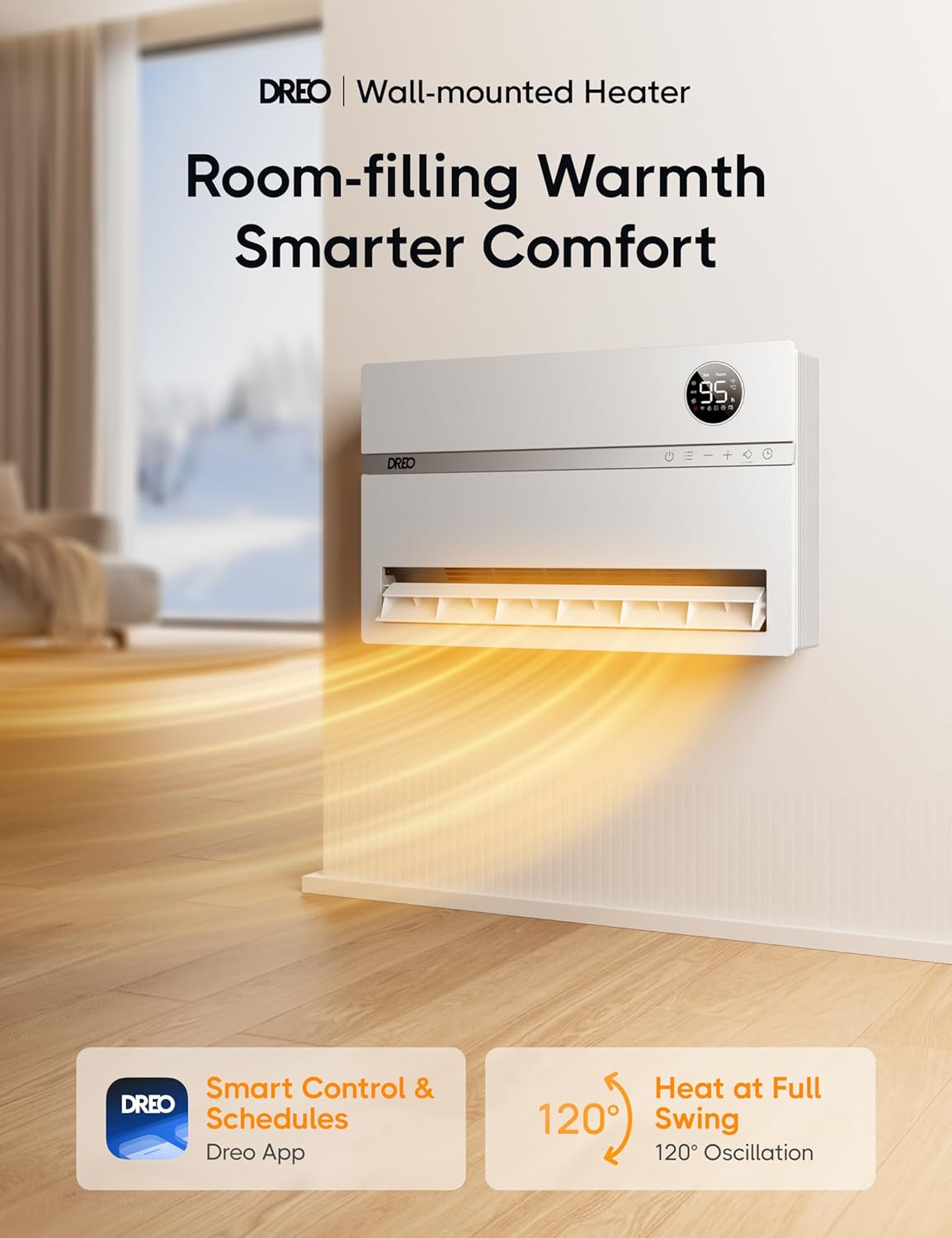 Dreo Calentador de pared inteligente, calentador eléctrico para dormitorio de 1500 W, oscilación vertical de 120, termostato ajustable, control