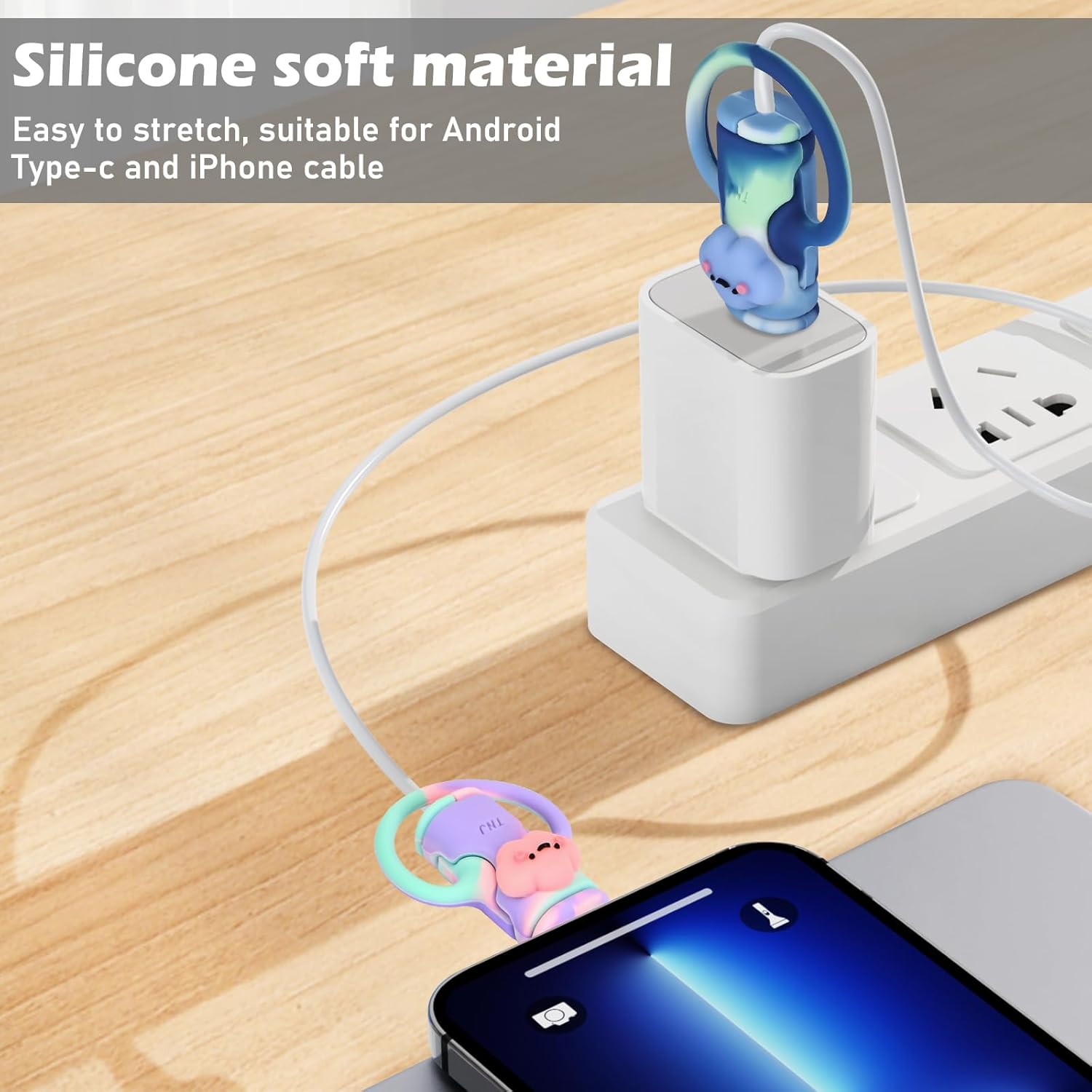 Lindo protector de cable de datos 2 en 1 para iPhone, Android, cable USB, 2 piezas 3D Kawaii Cloud Design Protector de cable protector de cable de