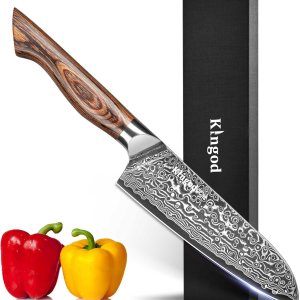 KINGOD Cuchillo de chef Santoku de cocina, cuchillo japonés VG10 de 5 pulgadas de acero inoxidable de alto carbono ultra afilado, mango de madera KINGOD Cuchillo de chef Santoku de cocina, cuchillo japonés VG10 de 5 pulgadas de acero inoxidable de alto carbono ultra afilado, mango de madera