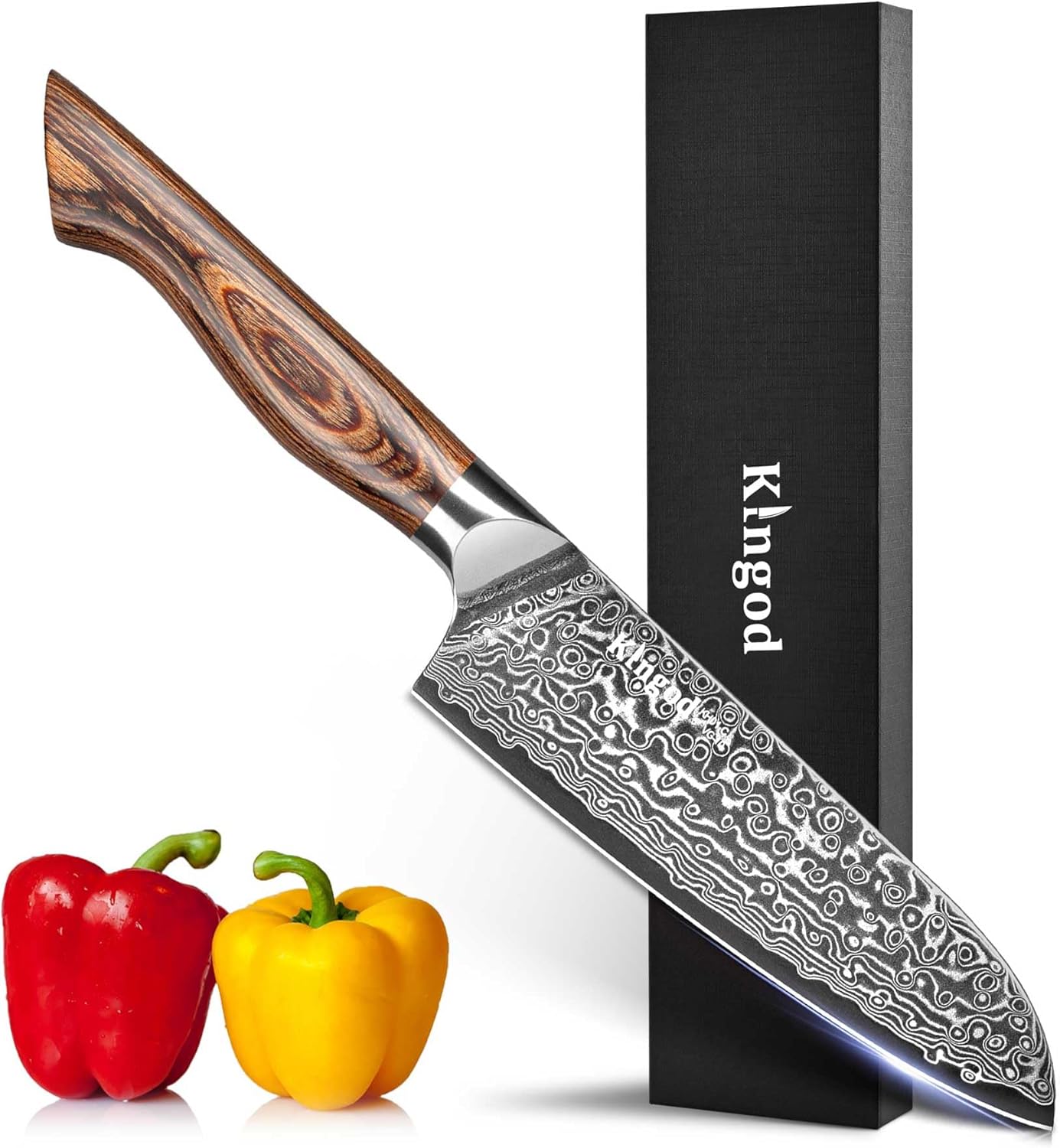 KINGOD Cuchillo de chef Santoku de cocina, cuchillo japonés VG10 de 5 pulgadas de acero inoxidable de alto carbono ultra afilado, mango de madera