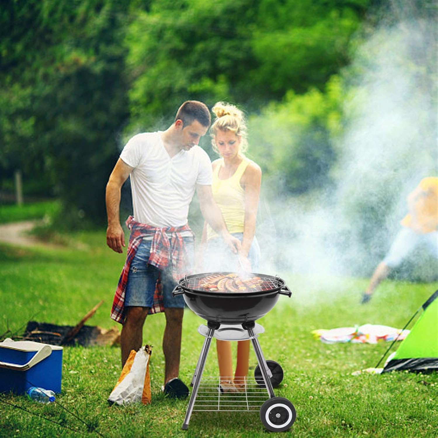 Tandagy Parrilla de carbón portátil de 18 pulgadas con ruedas y cuenco para asar, parrilla de campamento resistente para cocinar, barbacoa, patio,
